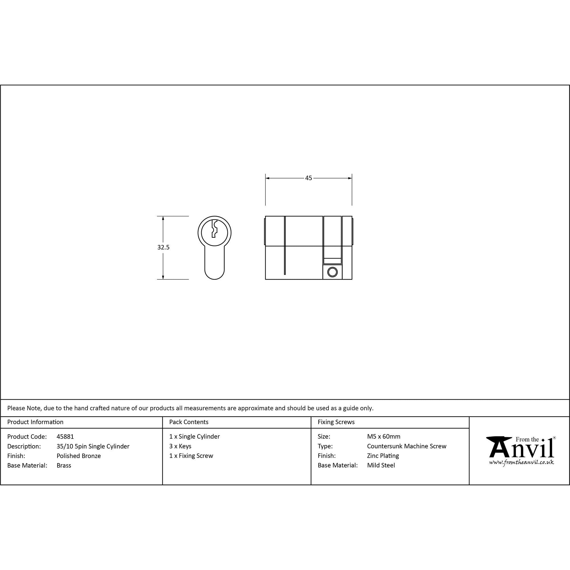 Polished Bronze 35/10 5pin Single Cylinder | From The Anvil - Euro Cylinders - From The Anvil - Yester Home