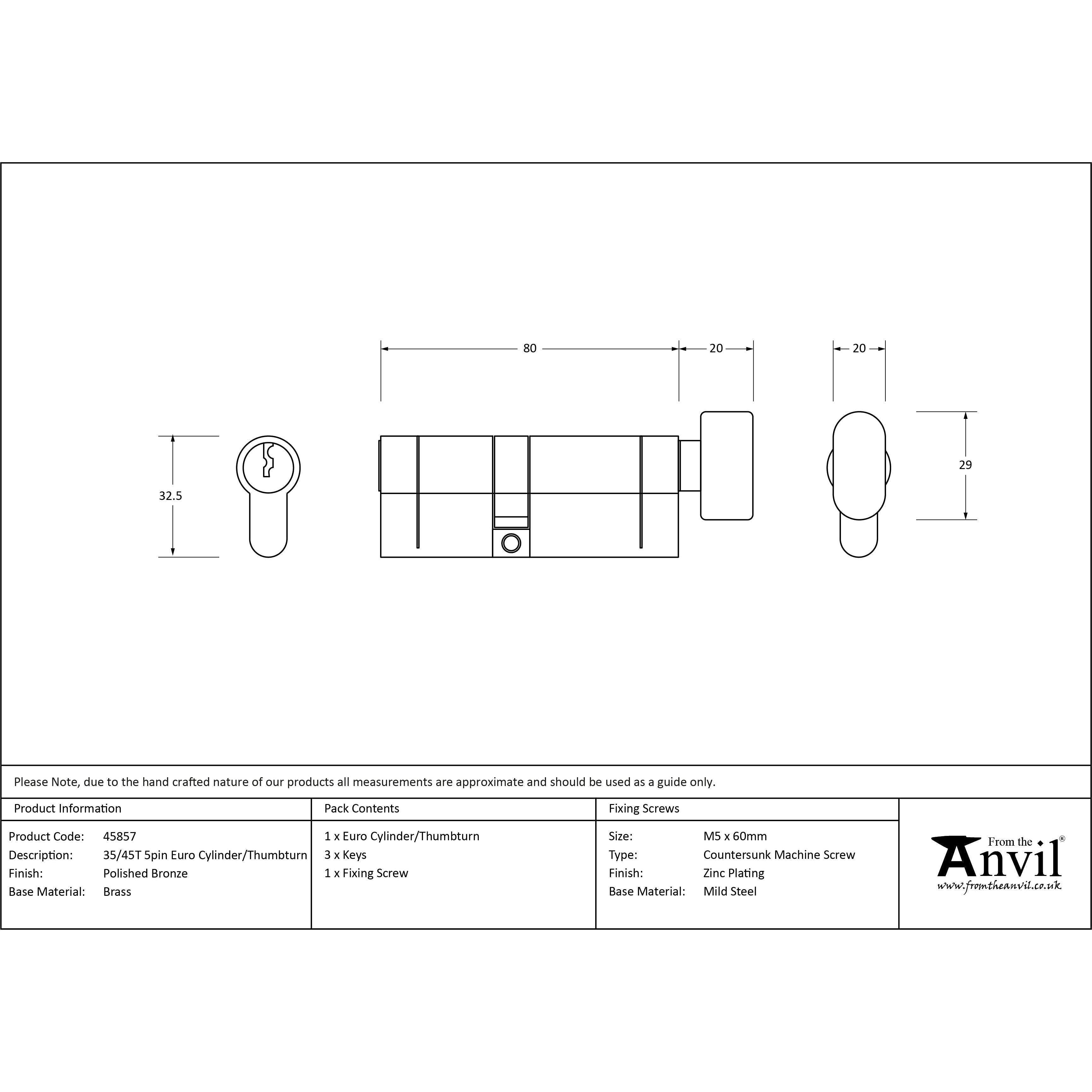 Polished Bronze 35/45T 5pin Euro Cylinder/Thumbturn | From The Anvil-Euro Cylinders-Yester Home