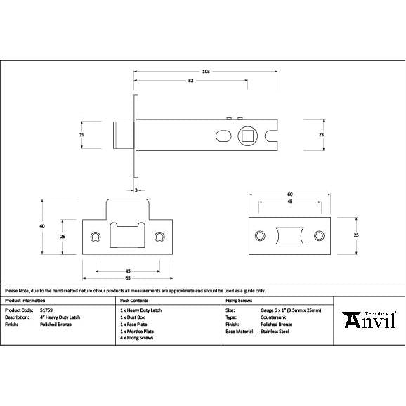 Polished Bronze 4" Heavy Duty Latch - Latches - From The Anvil - Yester Home