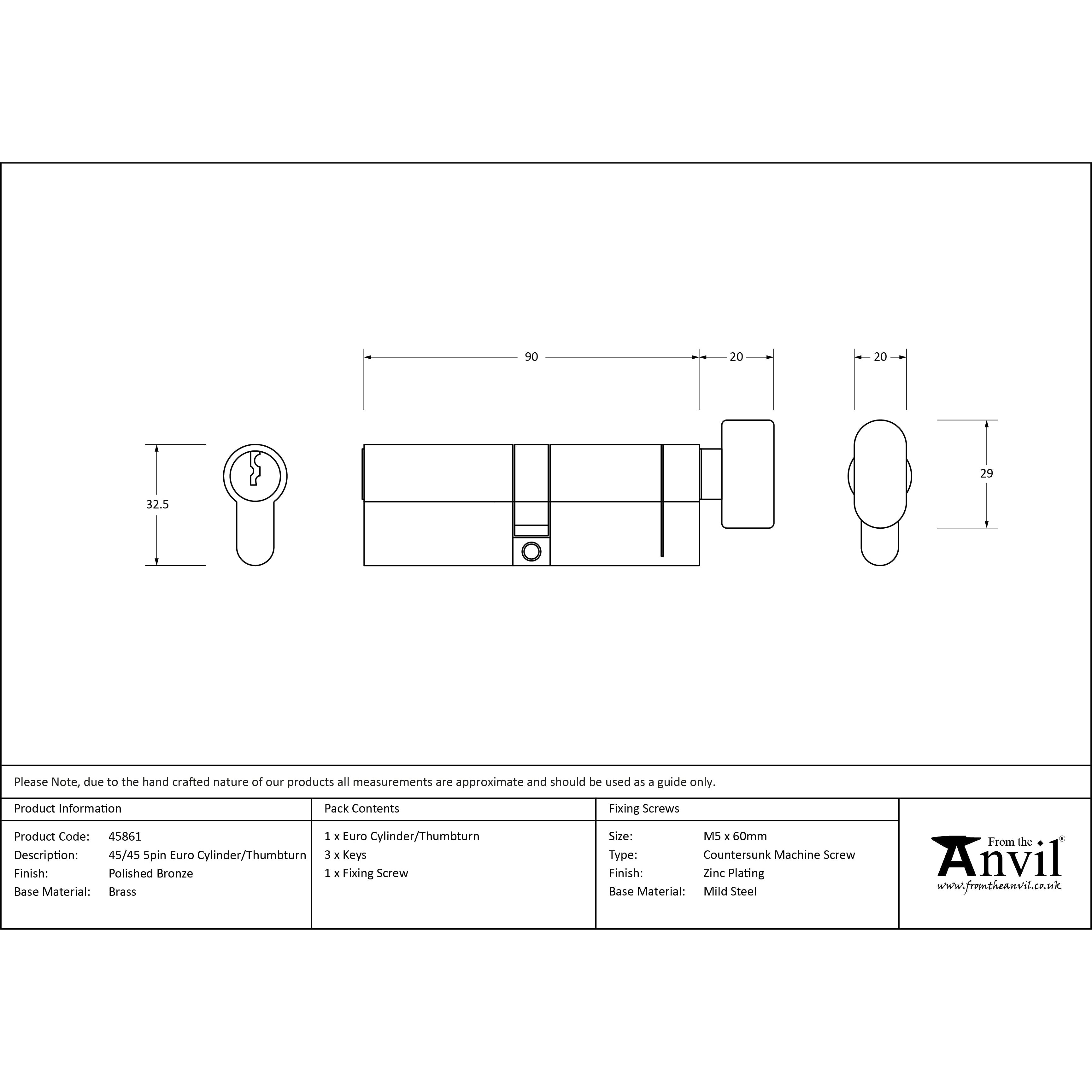 Polished Bronze 45/45 5pin Euro Cylinder/Thumbturn | From The Anvil-Euro Cylinders-Yester Home