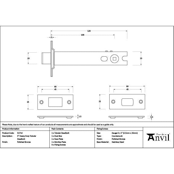 Polished Bronze 5" Heavy Duty Tubular Deadbolt - Deadlocks & Deadbolts - From The Anvil - Yester Home
