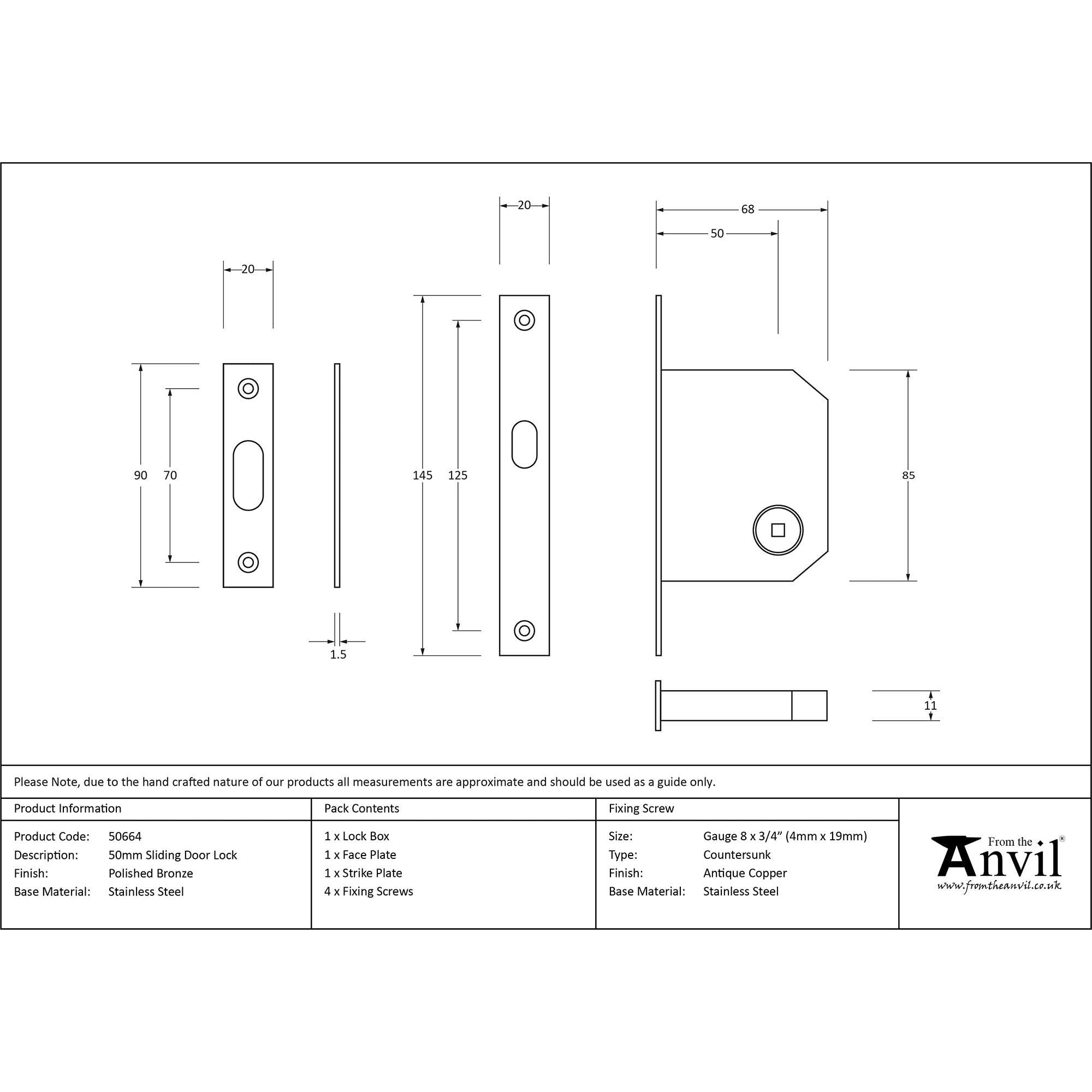 Polished Bronze 50mm Sliding Door Lock | From The Anvil - Sliding Door Locks - From The Anvil - Yester Home