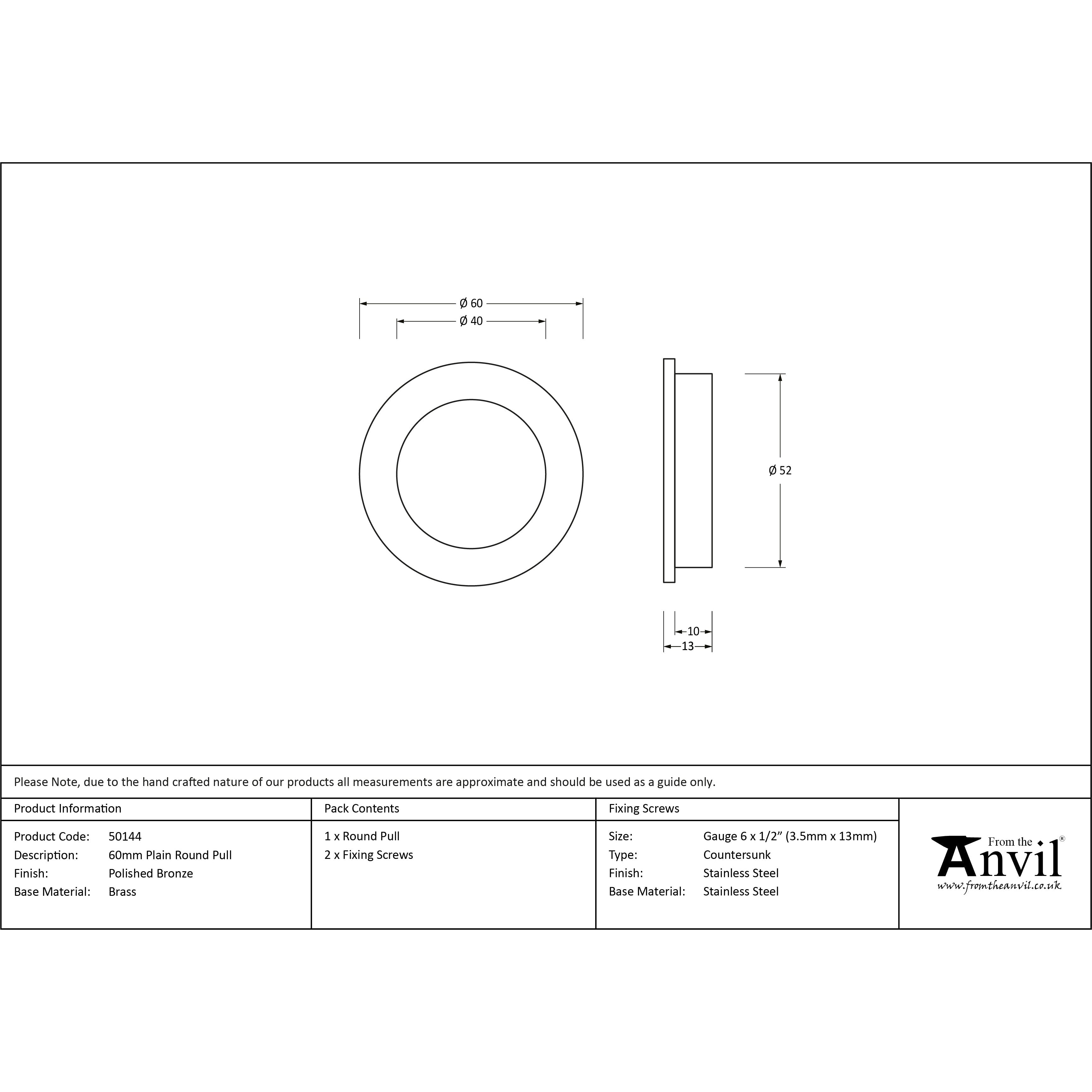 Polished Bronze 60mm Plain Round Pull | From The Anvil-Cabinet Pulls-Yester Home