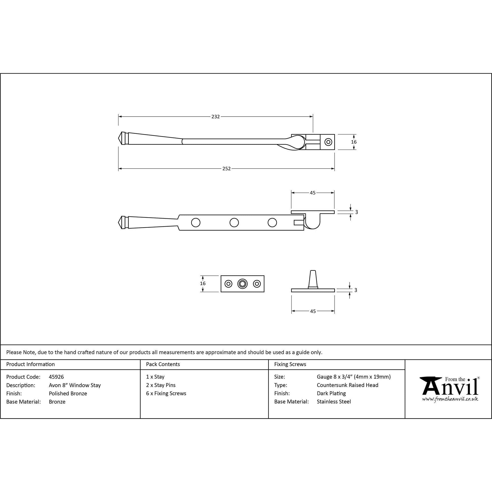 Polished Bronze 8" Avon Stay | From The Anvil - Stays - From The Anvil - Yester Home