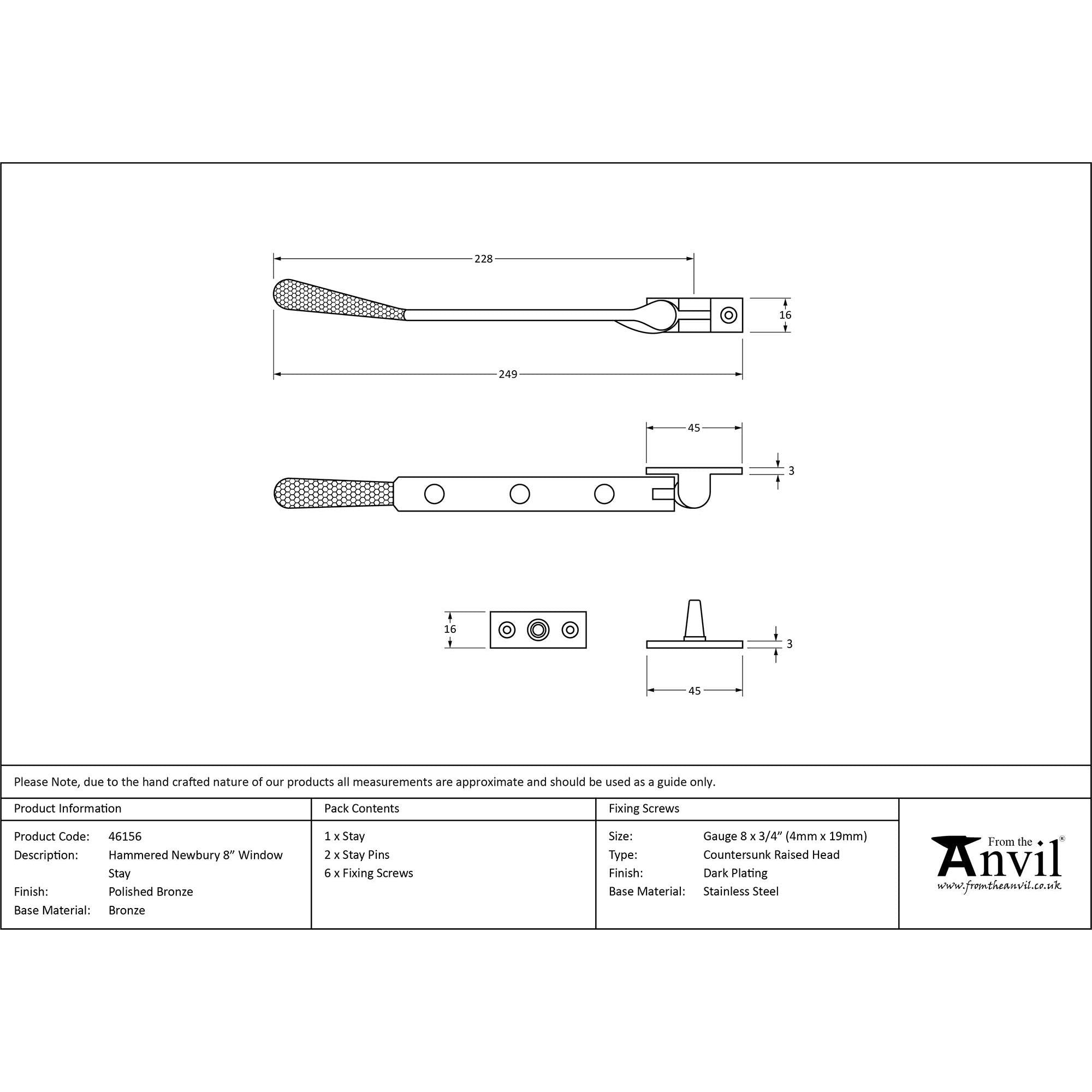Polished Bronze 8" Hammered Newbury Stay | From The Anvil - Stays - From The Anvil - Yester Home