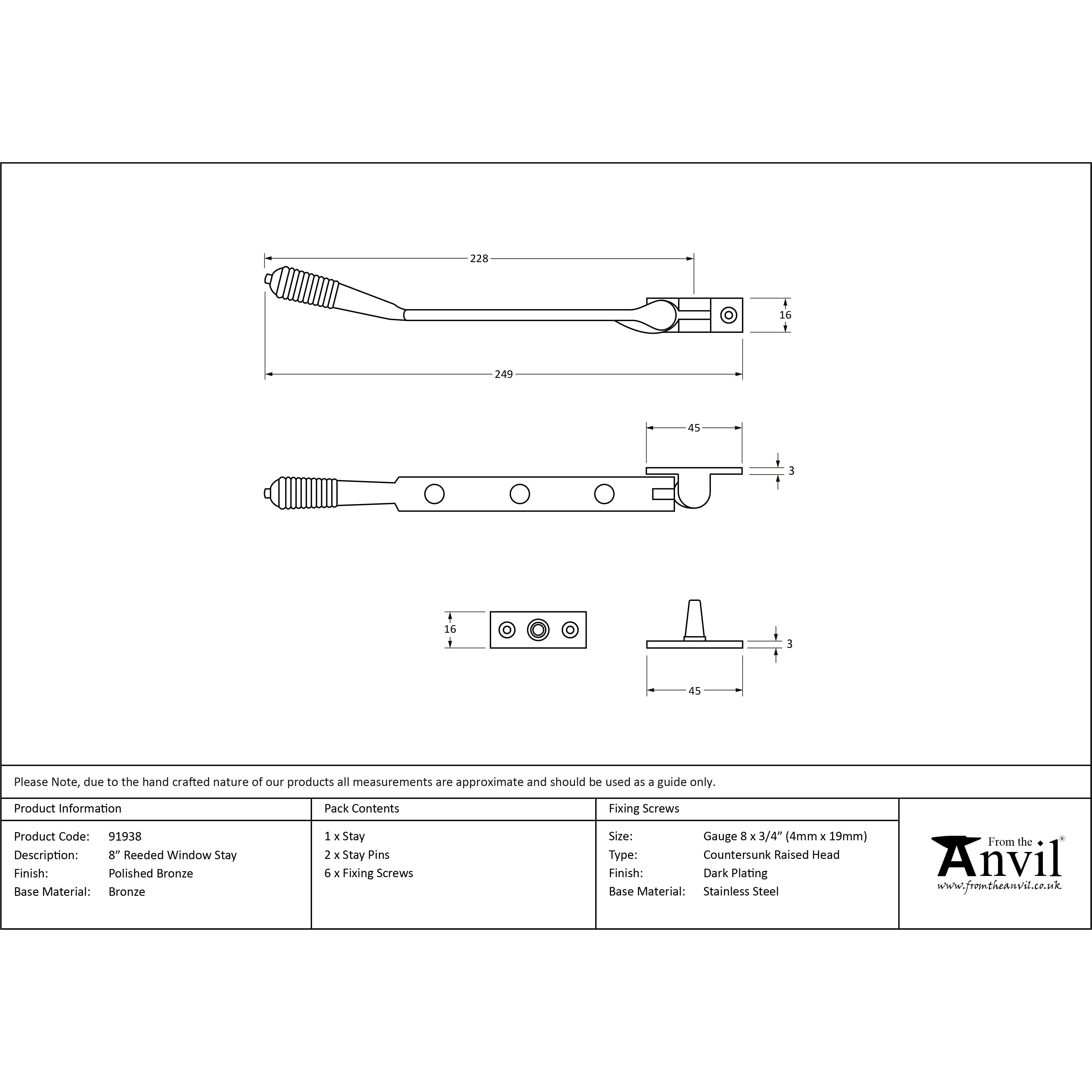 Polished Bronze 8" Reeded Stay | From The Anvil-Stays-Yester Home