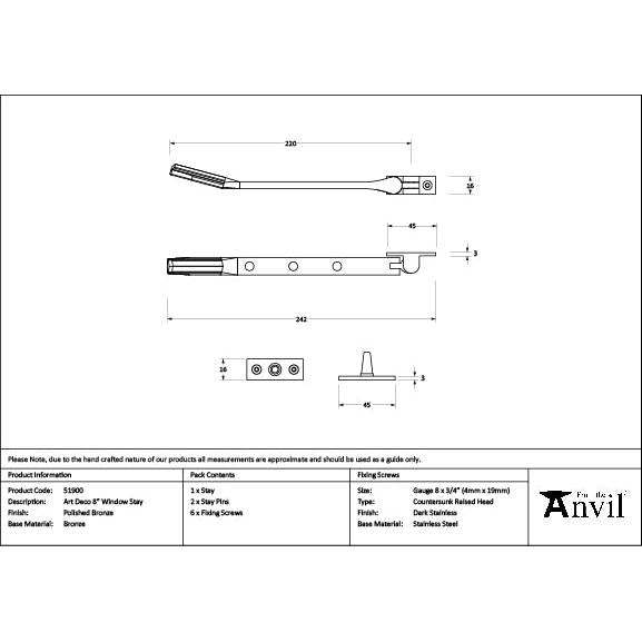 Polished Bronze Art Deco 8" Stay - Stays - From The Anvil - Yester Home