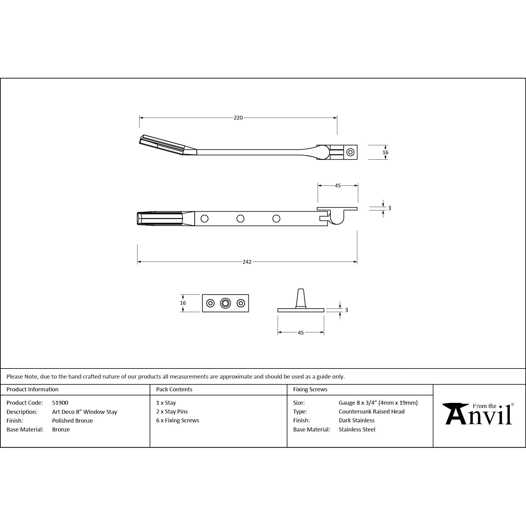 Polished Bronze Art Deco 8" Stay - Stays - From The Anvil - Yester Home