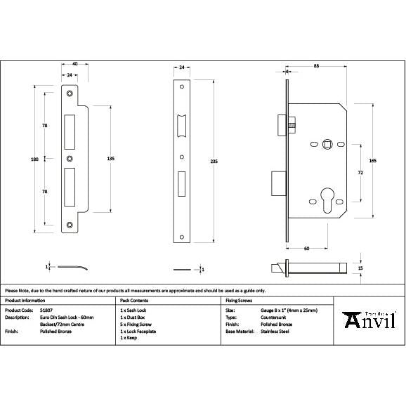 Polished Bronze Euro Din Sash Lock - 60mm Backset/72mm Centre - Euro Locks - From The Anvil - Yester Home