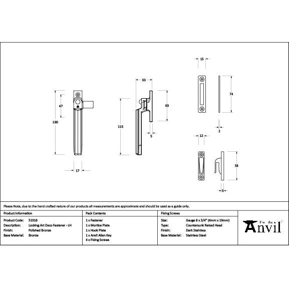 Polished Bronze Locking Art Deco Fastener - LH - Locking Fasteners - From The Anvil - Yester Home