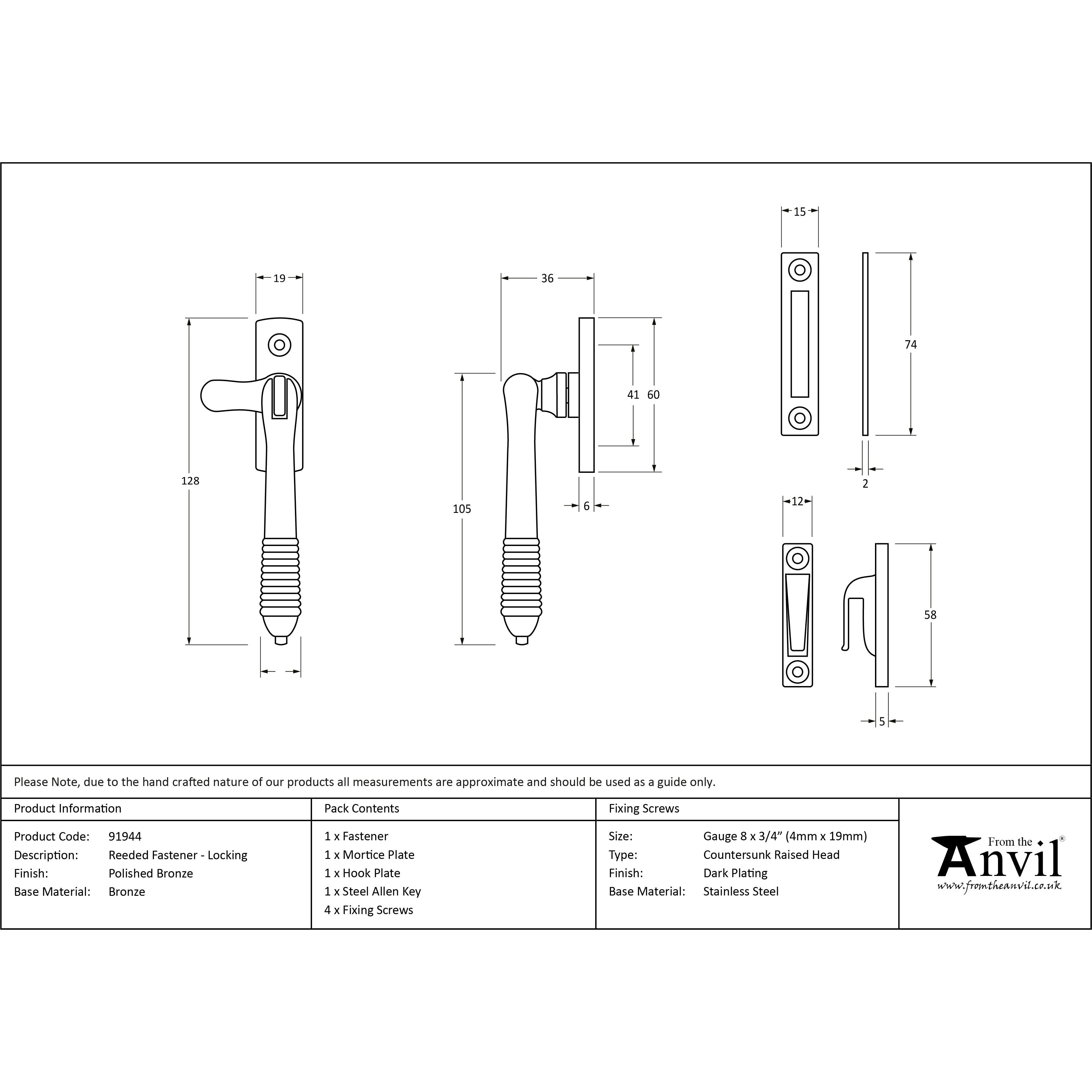 Polished Bronze Locking Reeded Fastener | From The Anvil-Locking Fasteners-Yester Home