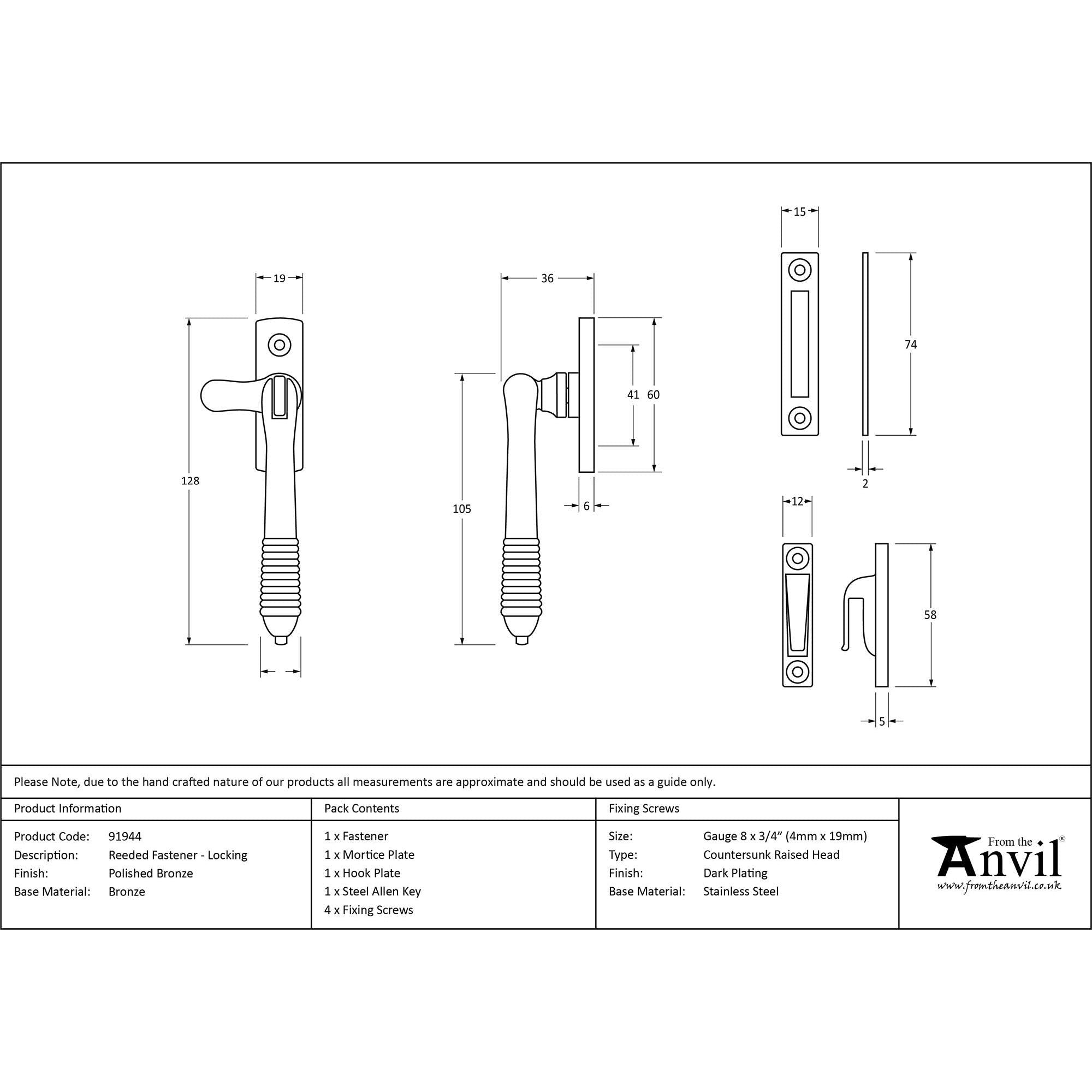 Polished Bronze Locking Reeded Fastener | From The Anvil - Locking Fasteners - From The Anvil - Yester Home