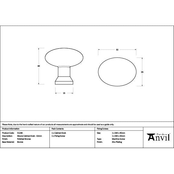 Polished Bronze Moore Cabinet Knob - 32mm - Cabinet Knobs - From The Anvil - Yester Home