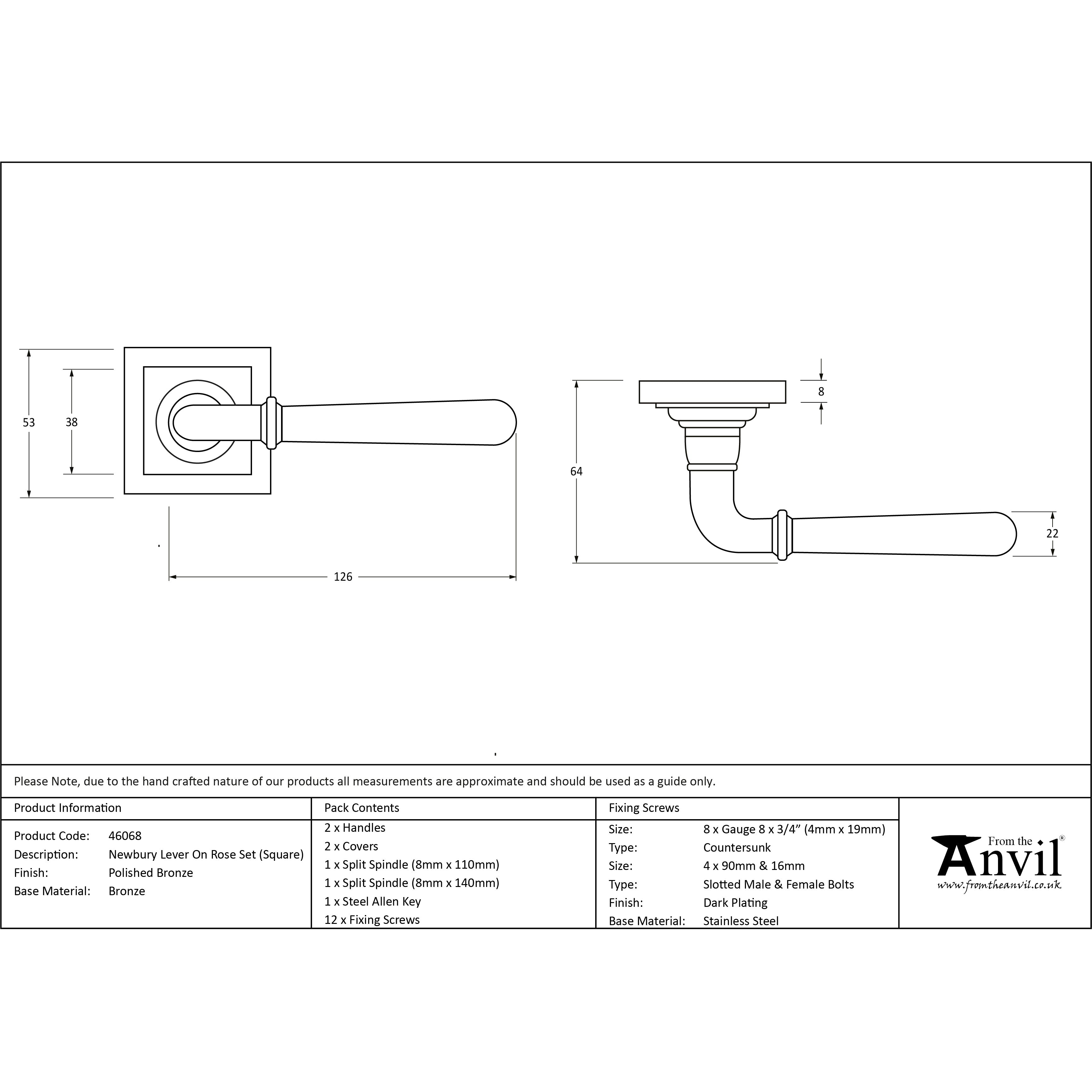 Polished Bronze Newbury Lever on Rose Set (Square) | From The Anvil-Concealed-Yester Home