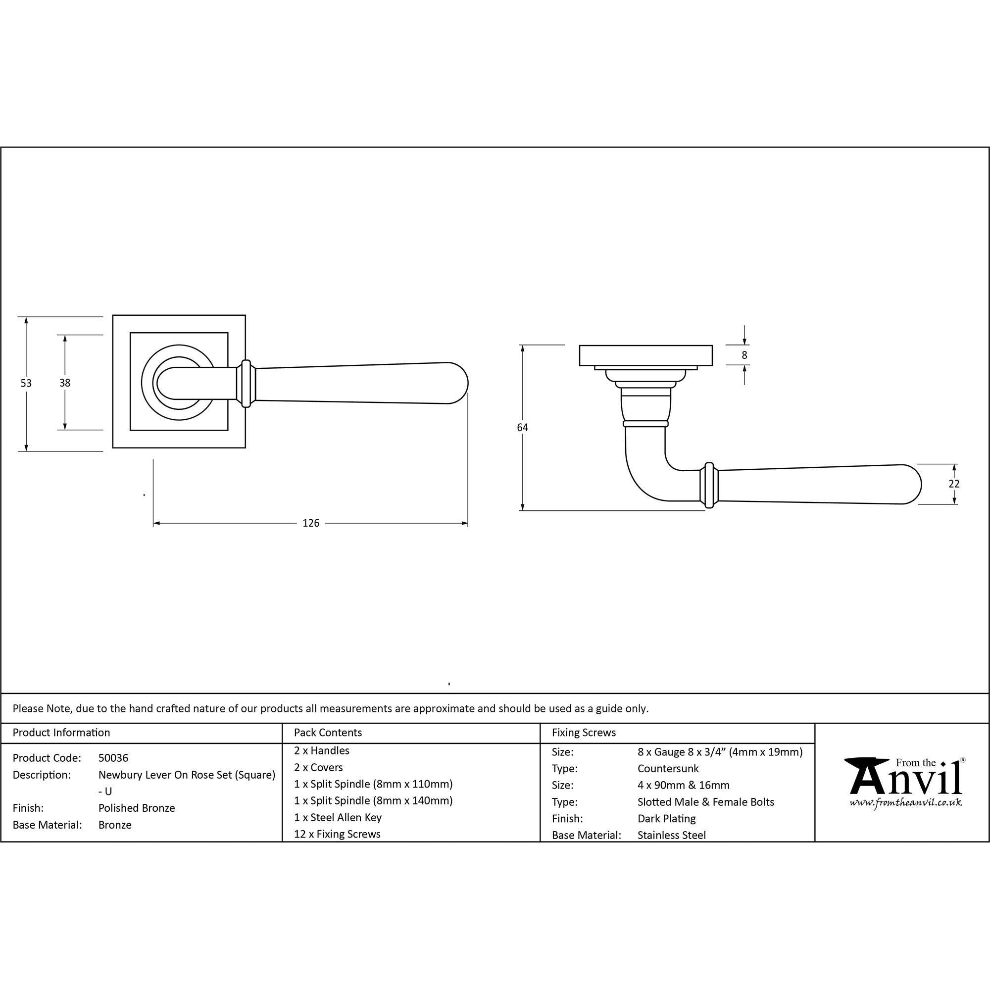 Polished Bronze Newbury Lever on Rose Set (Square) - Unsprung | From The Anvil - Concealed - From The Anvil - Yester Home