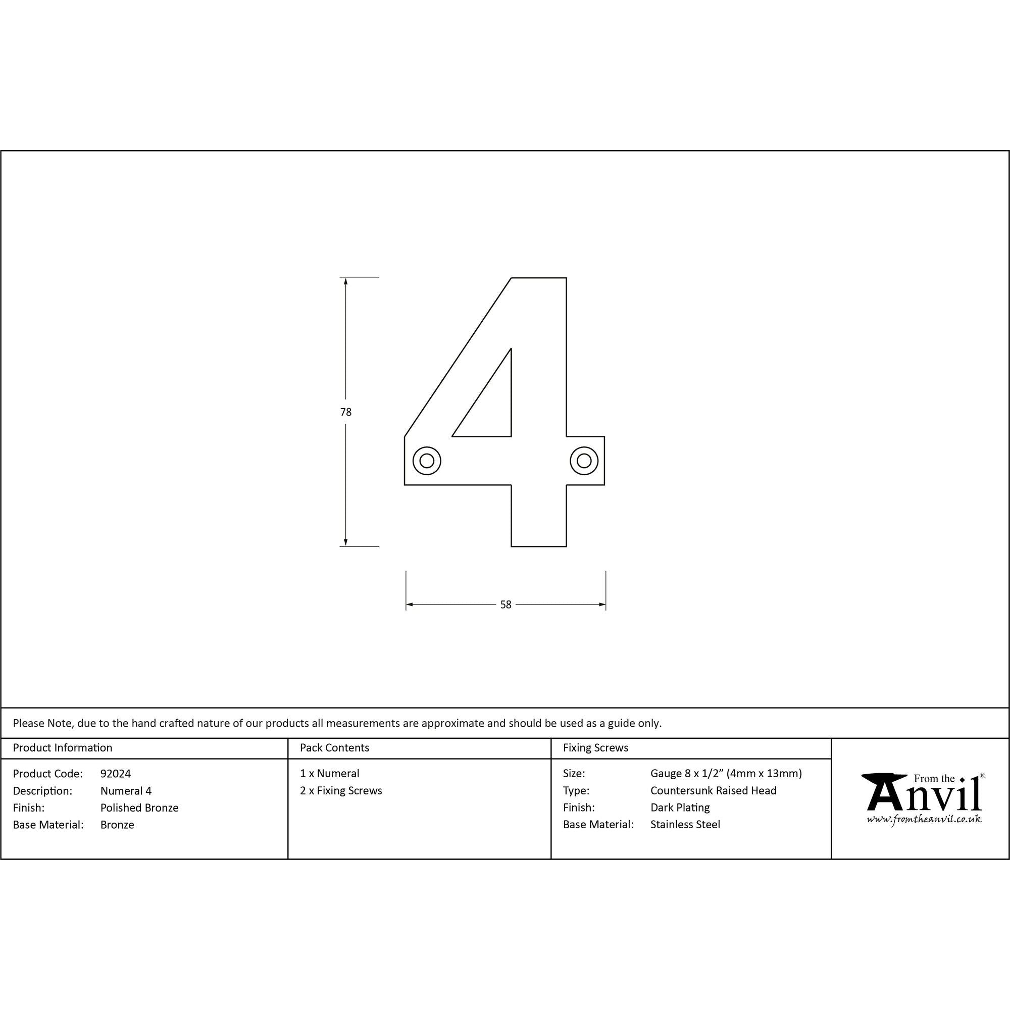 Polished Bronze Numeral 4 | From The Anvil - Numerals - From The Anvil - Yester Home