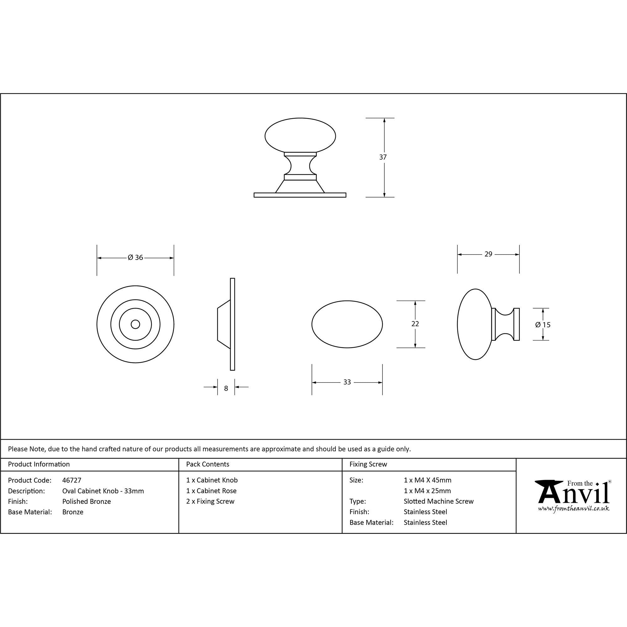 Polished Bronze Oval Cabinet Knob 33mm | From The Anvil - Cabinet Knobs - From The Anvil - Yester Home
