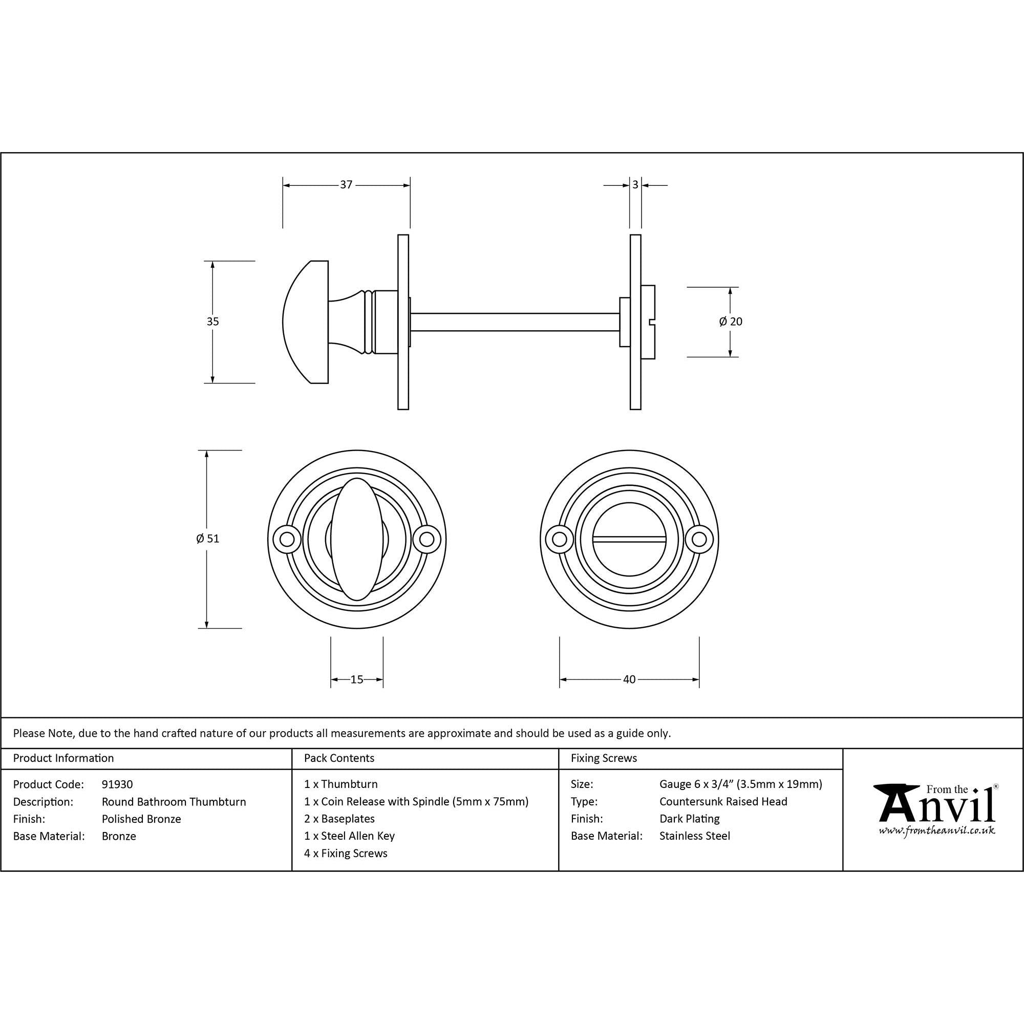 Polished Bronze Round Bathroom Thumbturn | From The Anvil - Thumbturns - From The Anvil - Yester Home