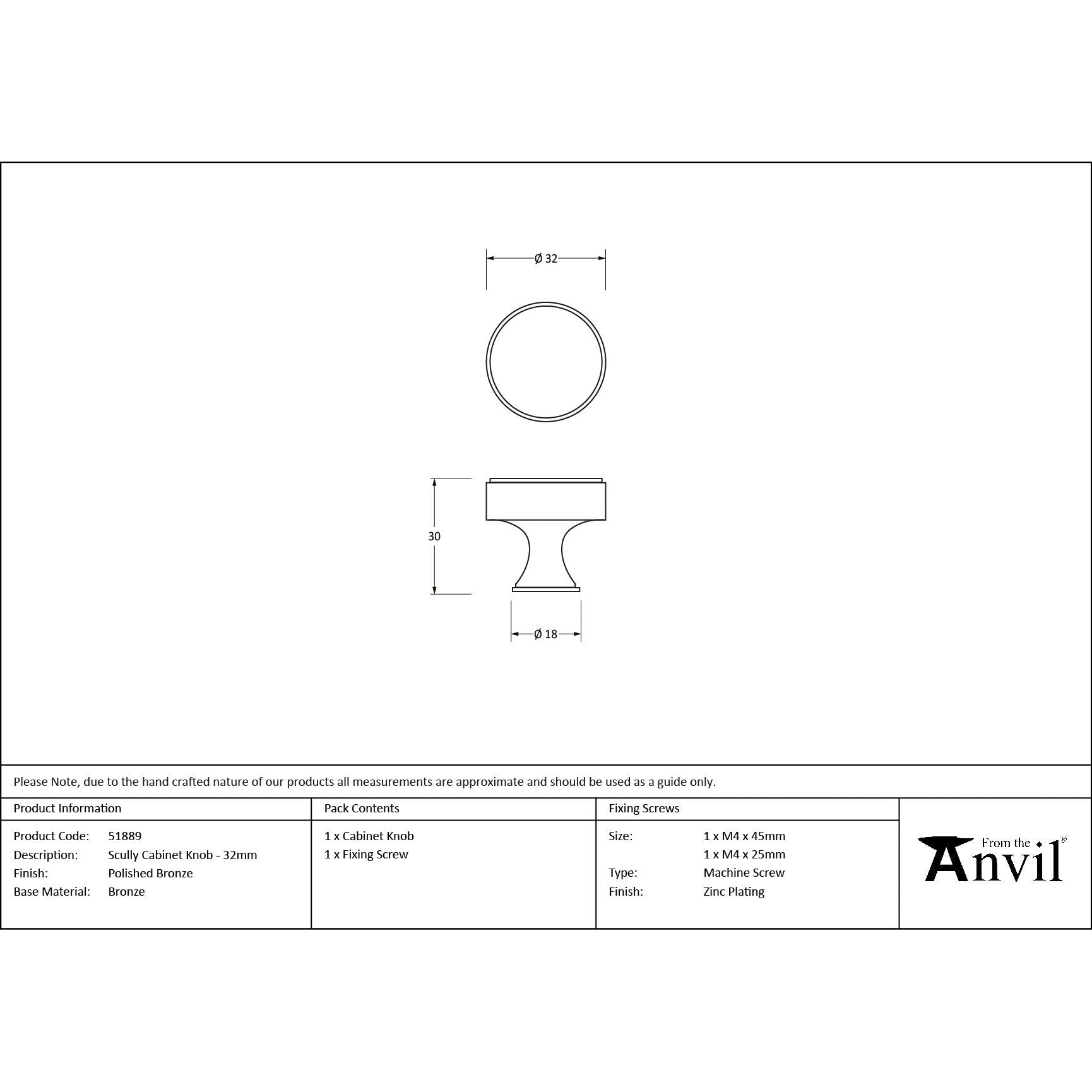 Polished Bronze Scully Cabinet Knob - 32mm - Cabinet Knobs - From The Anvil - Yester Home