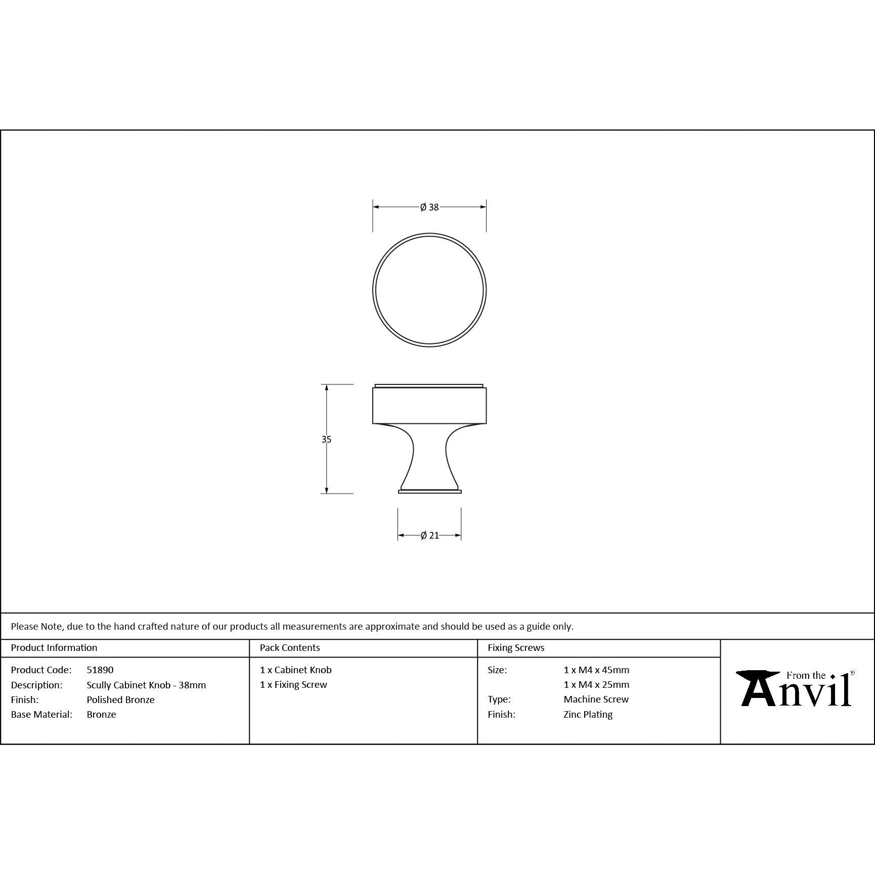 Polished Bronze Scully Cabinet Knob - 38mm - Cabinet Knobs - From The Anvil - Yester Home