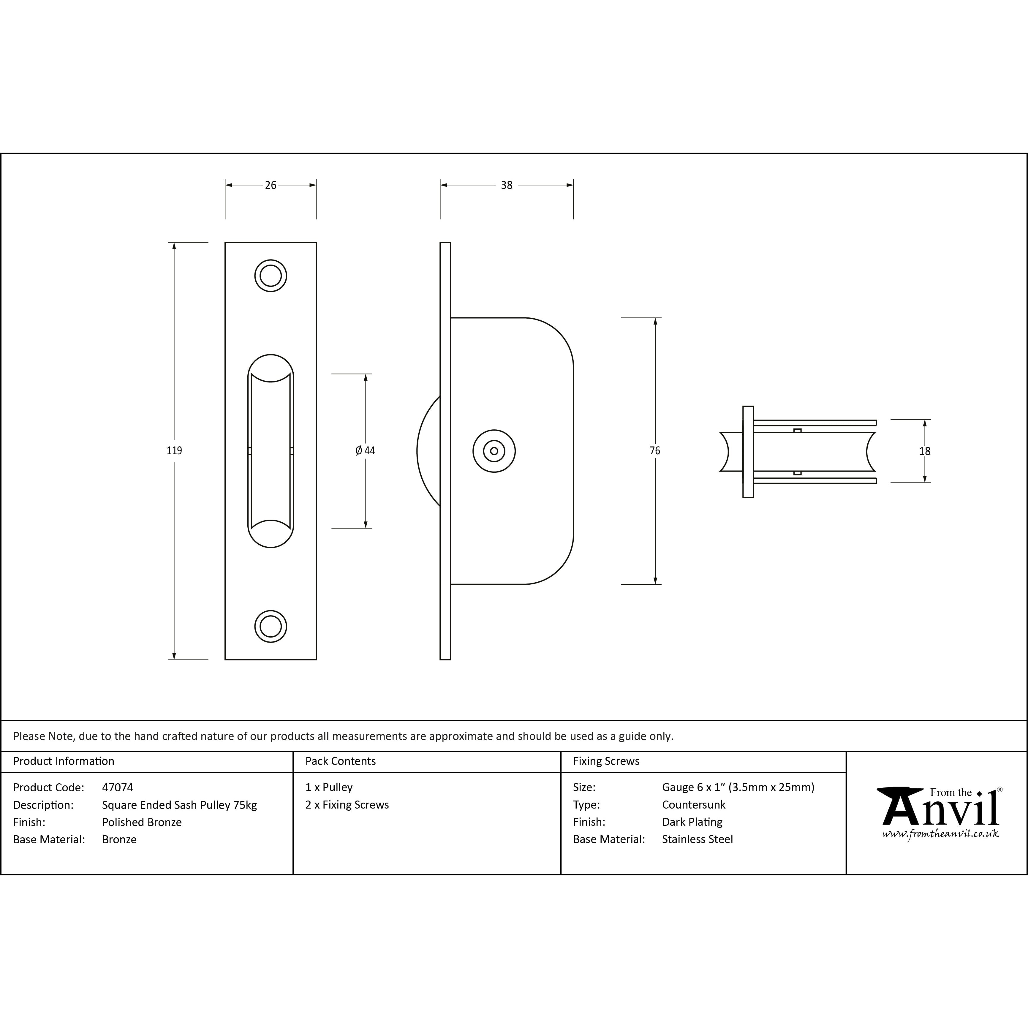 Polished Bronze Square Ended Sash Pulley 75kg | From The Anvil-Sash Pulleys-Yester Home