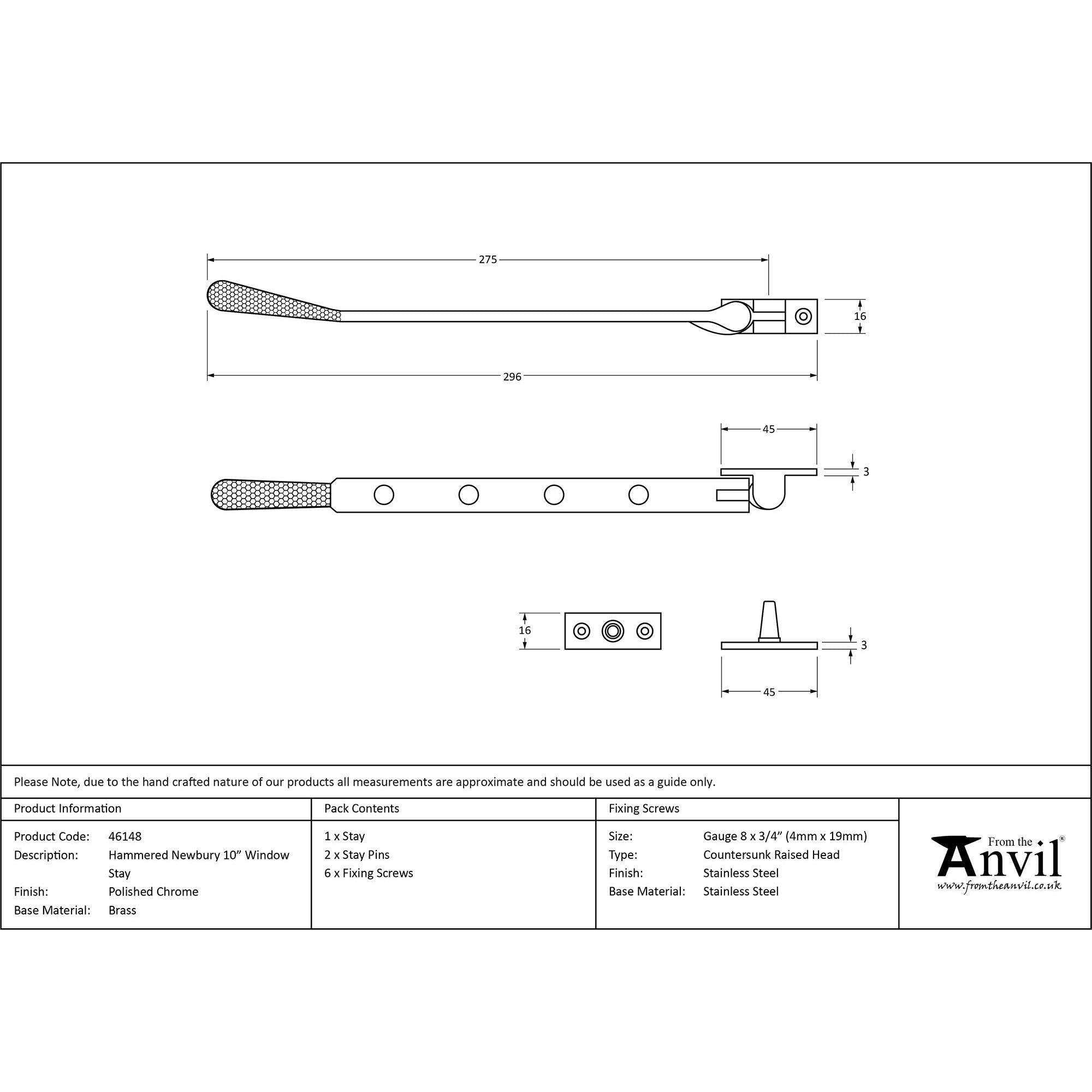 Polished Chrome 10" Hammered Newbury Stay | From The Anvil - Stays - From The Anvil - Yester Home