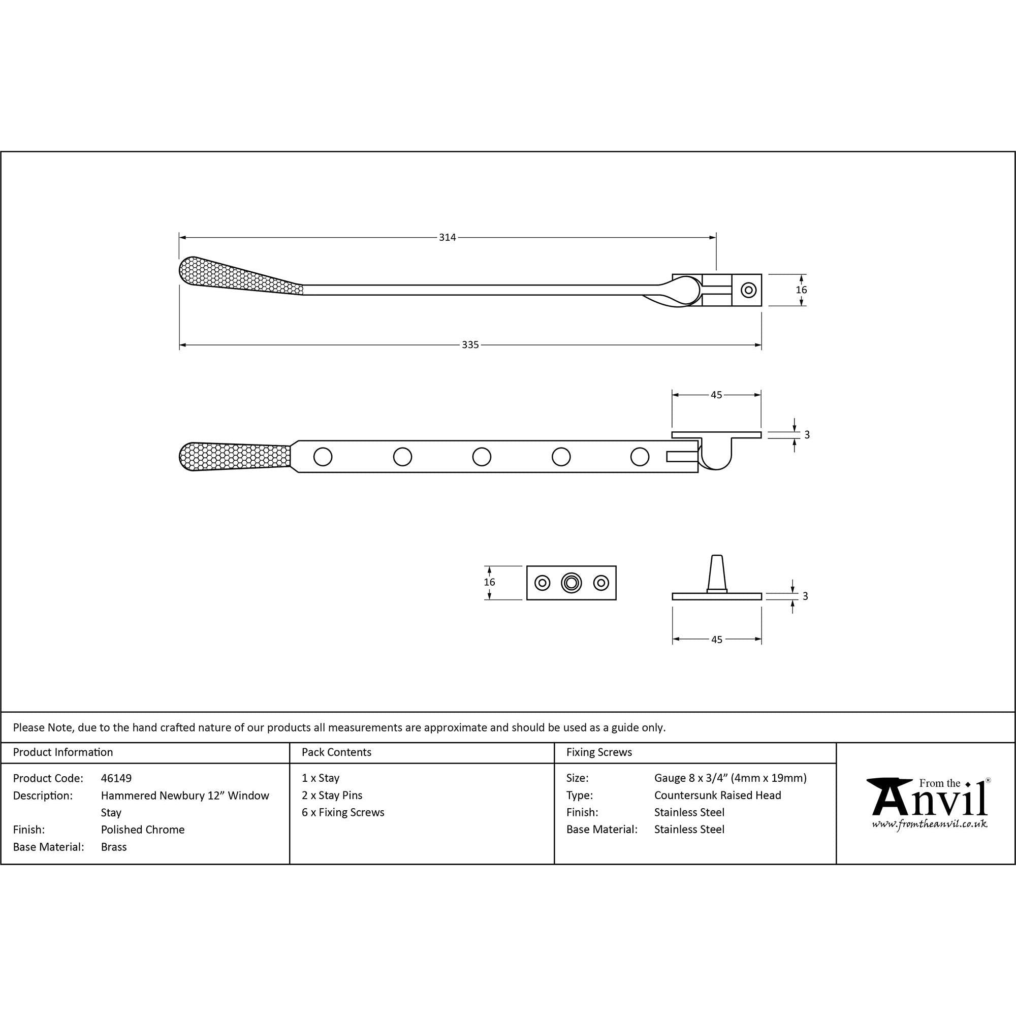 Polished Chrome 12" Hammered Newbury Stay | From The Anvil - Stays - From The Anvil - Yester Home