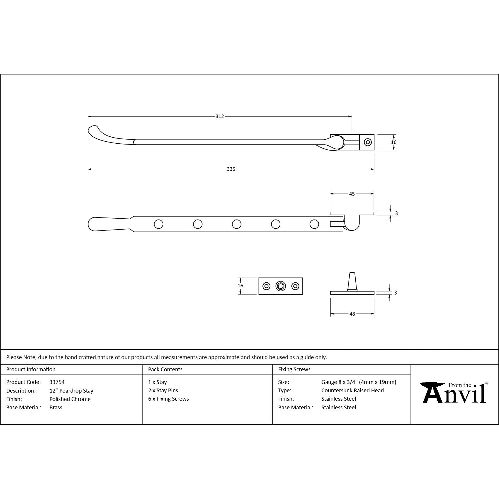 Polished Chrome 12" Peardrop Stay | From The Anvil - Stays - From The Anvil - Yester Home