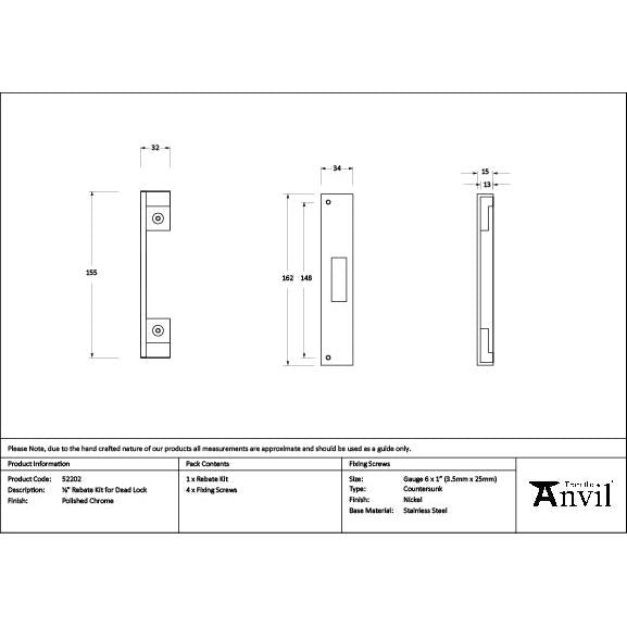 Polished Chrome ½" Rebate Kit for Dead Lock - Deadlocks & Deadbolts - From The Anvil - Yester Home