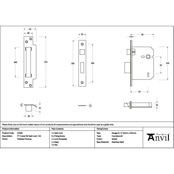Polished Chrome 3" 5 Lever BS Sash Lock KA - Sash Locks - From The Anvil - Yester Home