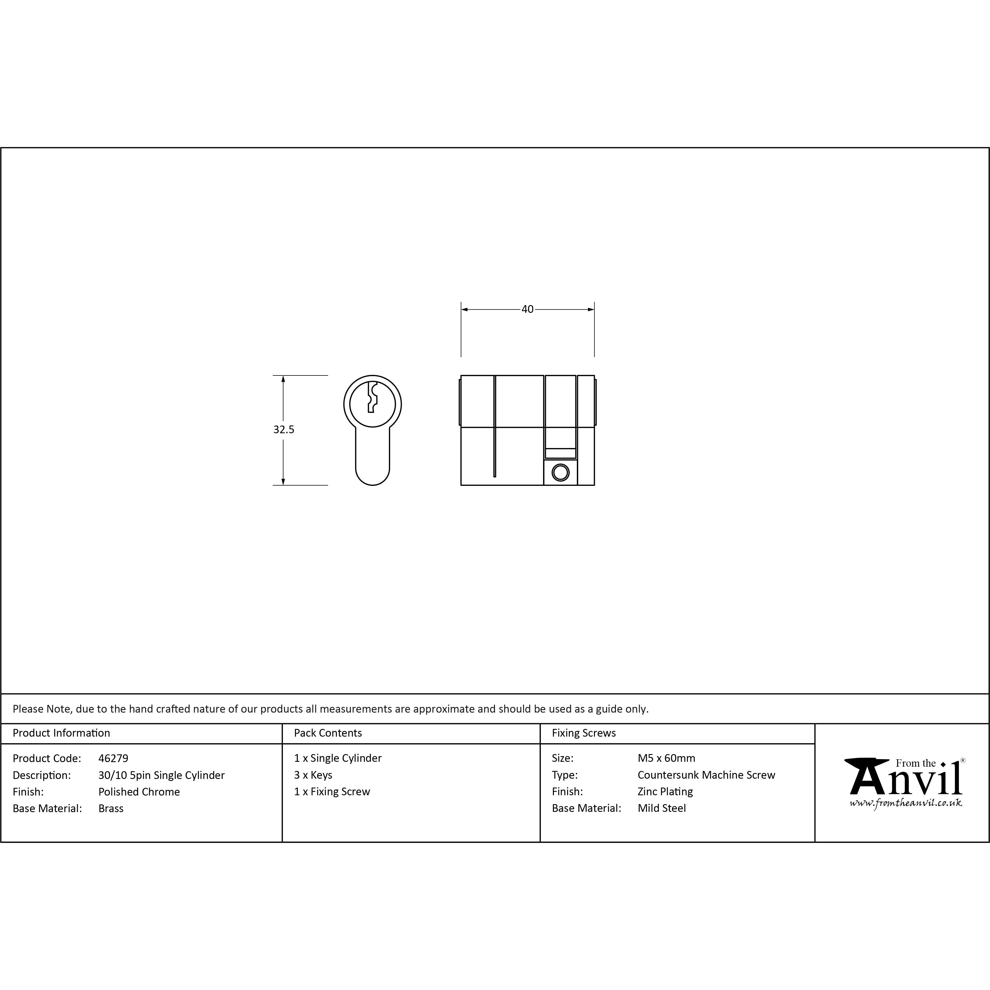 Polished Chrome 30/10 5pin Single Cylinder | From The Anvil-Euro Cylinders-Yester Home
