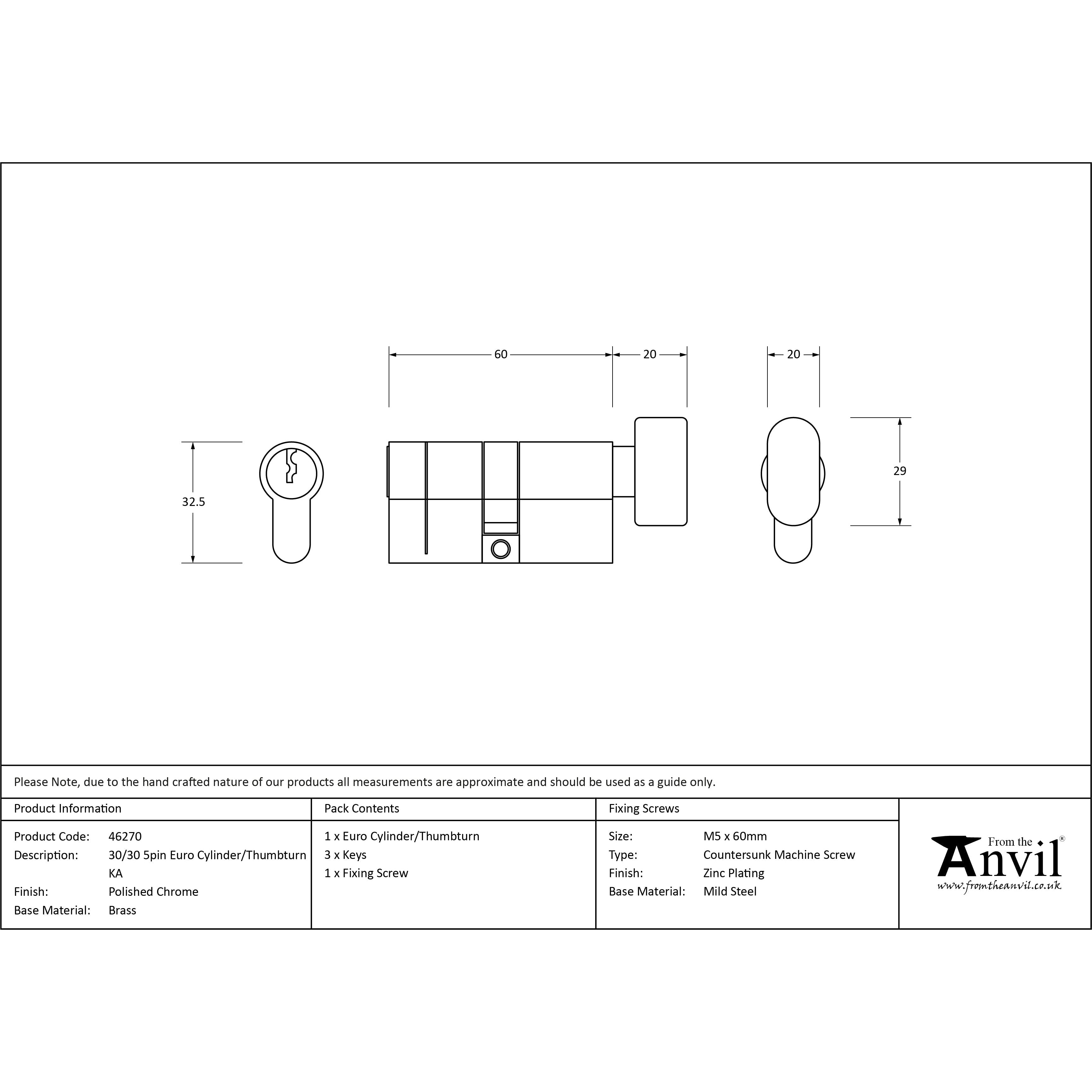 Polished Chrome 30/30 5pin Euro Cylinder/Thumbturn KA | From The Anvil-Euro Cylinders-Yester Home