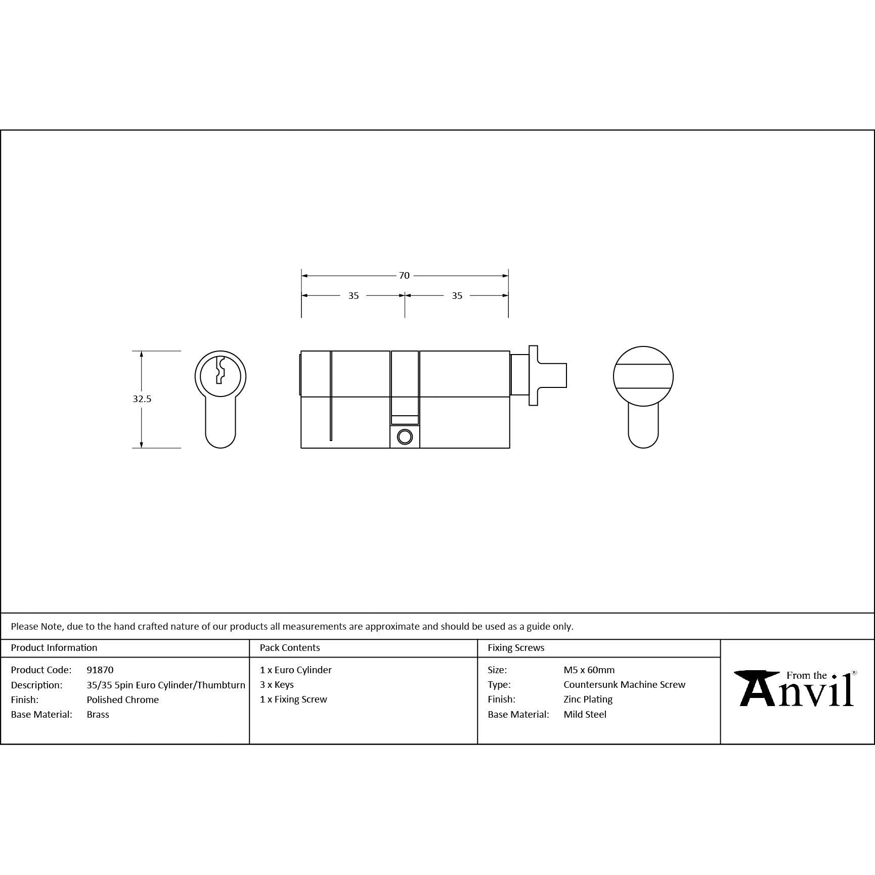 Polished Chrome 35/35 Euro Cylinder/Thumbturn | From The Anvil - Euro Cylinders - From The Anvil - Yester Home