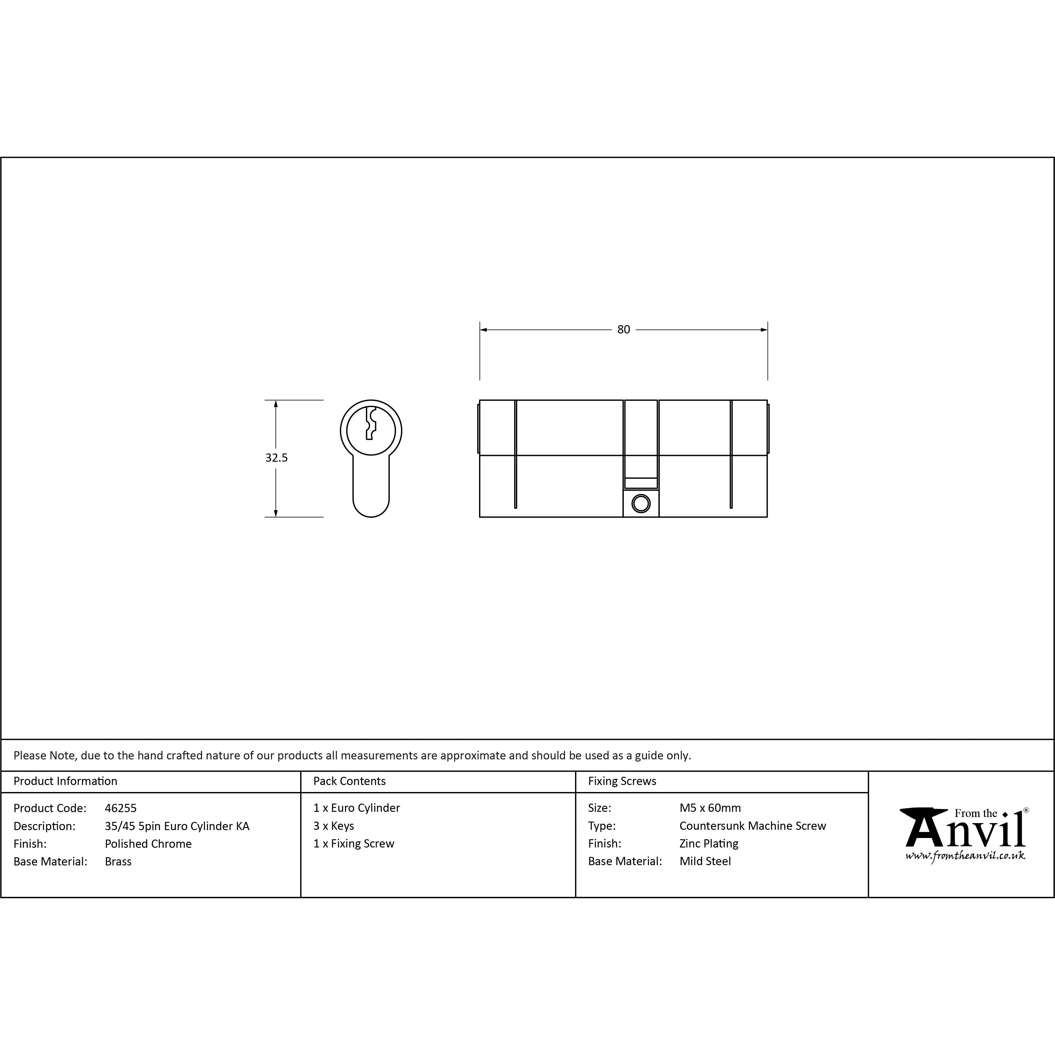 Polished Chrome 35/45 5pin Euro Cylinder KA | From The Anvil - Euro Cylinders - From The Anvil - Yester Home