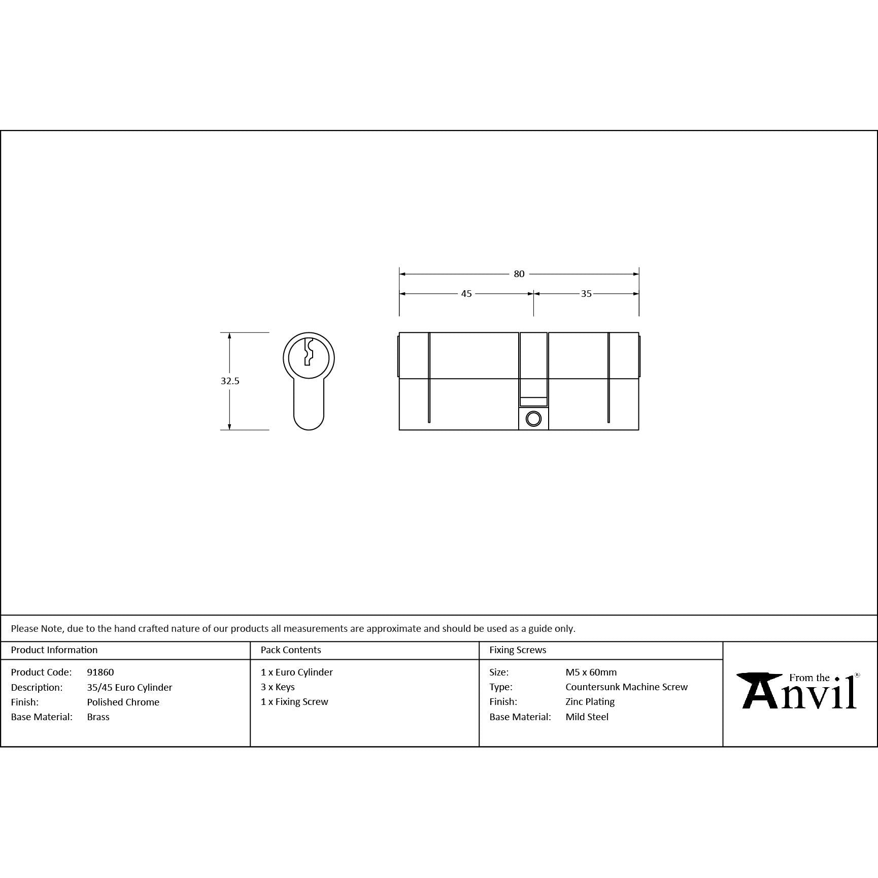 Polished Chrome 35/45 Euro Cylinder | From The Anvil - Euro Cylinders - From The Anvil - Yester Home