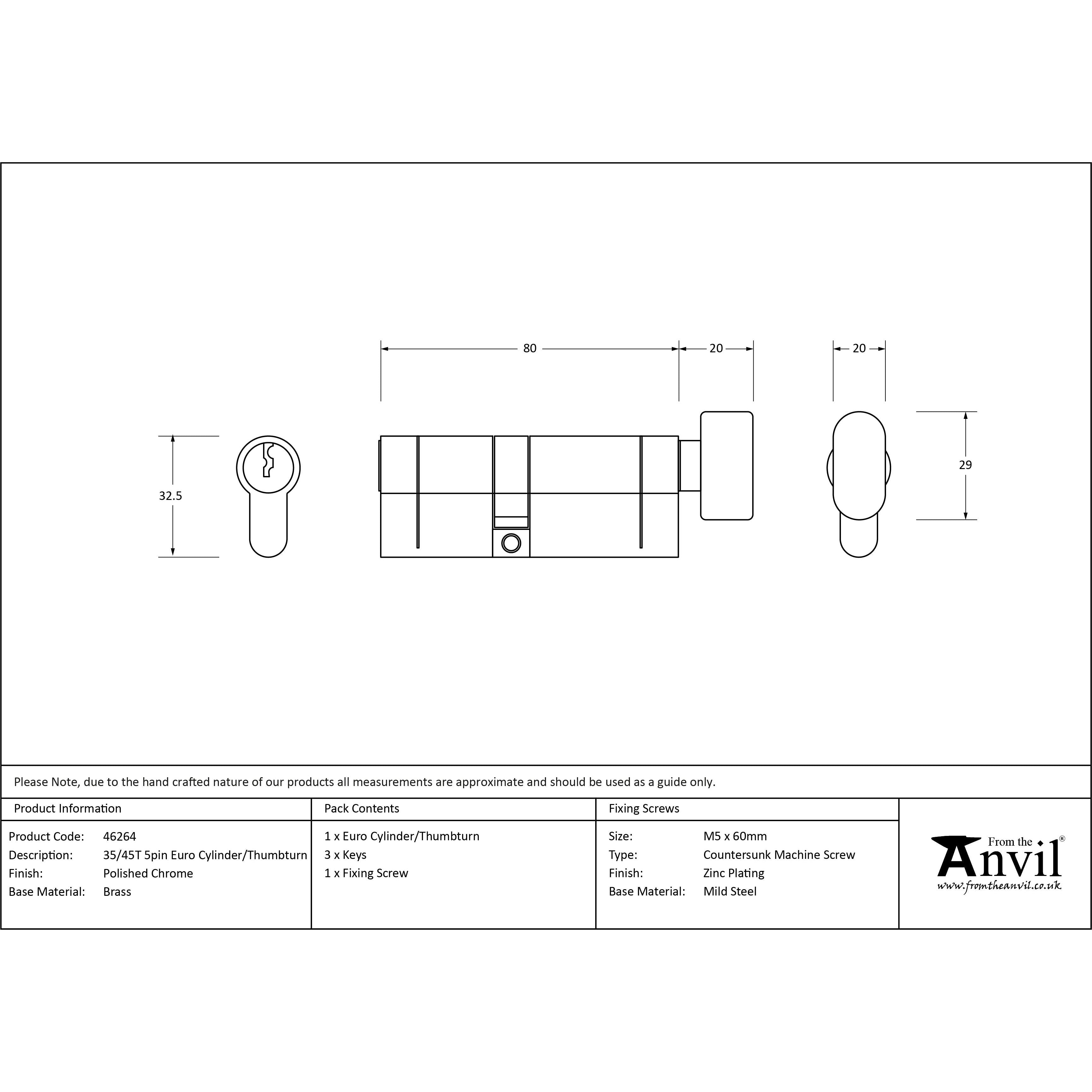Polished Chrome 35/45T 5pin Euro Cylinder/Thumbturn | From The Anvil - Euro Cylinders - From The Anvil - Yester Home