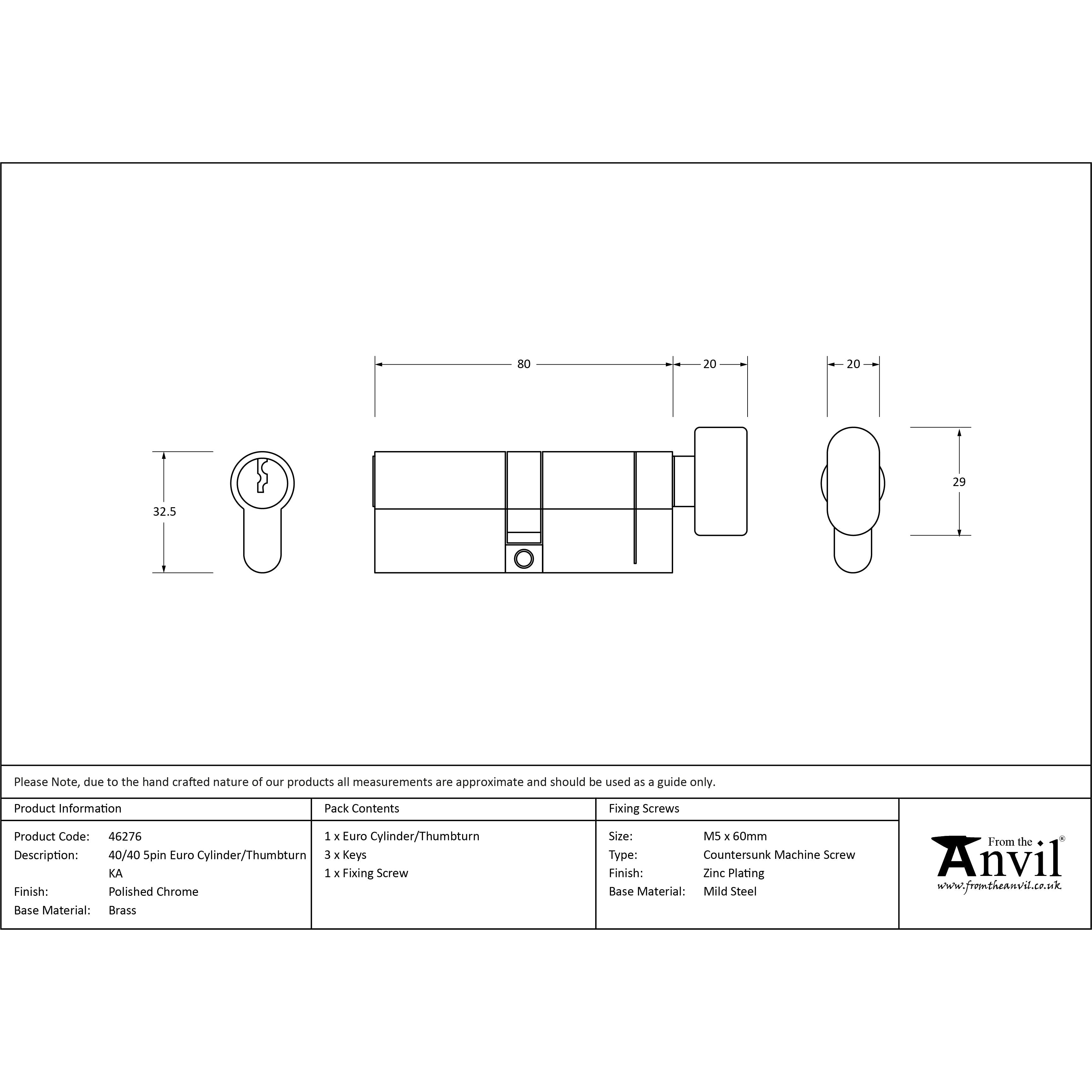 Polished Chrome 40/40 5pin Euro Cylinder/Thumbturn KA | From The Anvil-Euro Cylinders-Yester Home