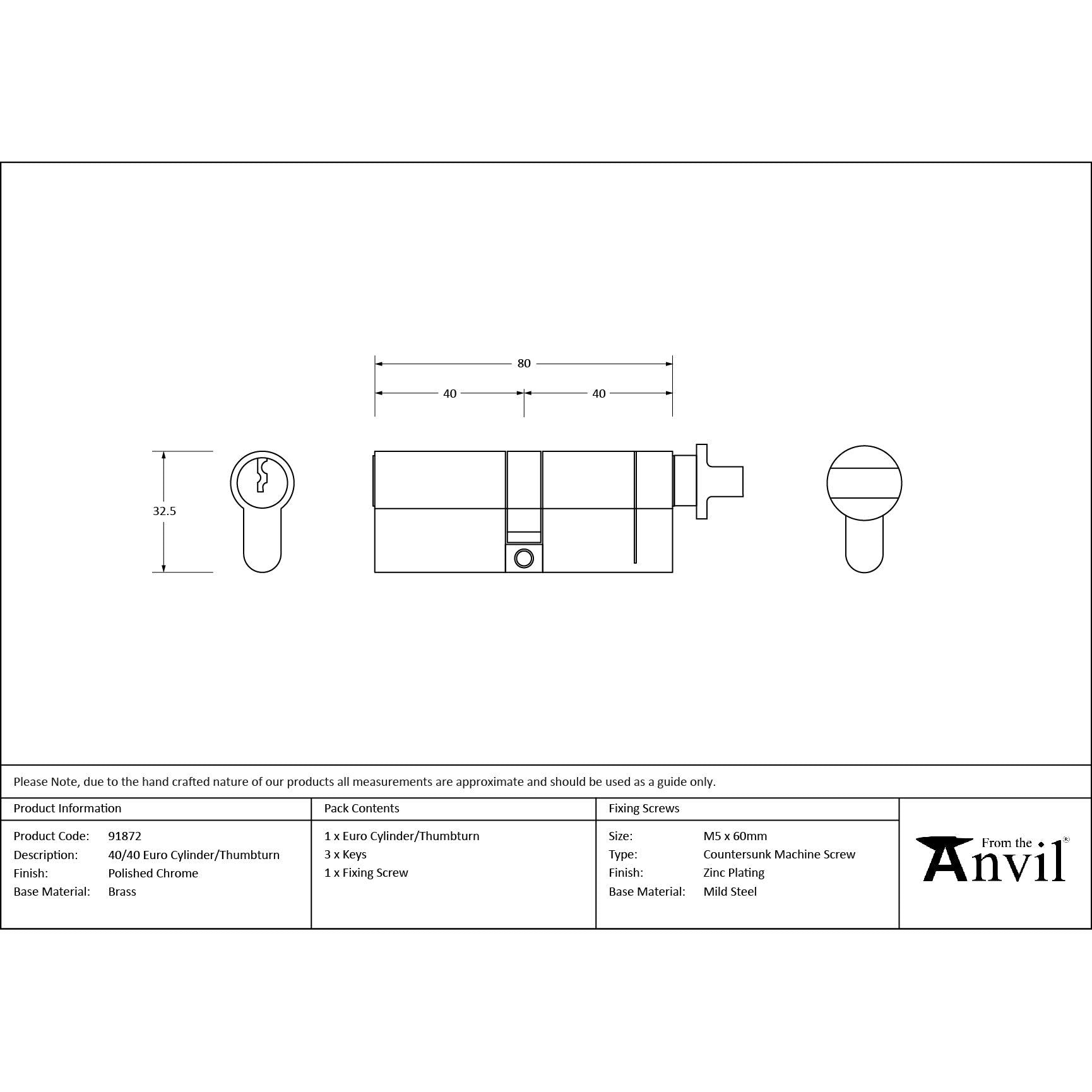 Polished Chrome 40/40 Euro Cylinder/Thumbturn | From The Anvil - Euro Cylinders - From The Anvil - Yester Home