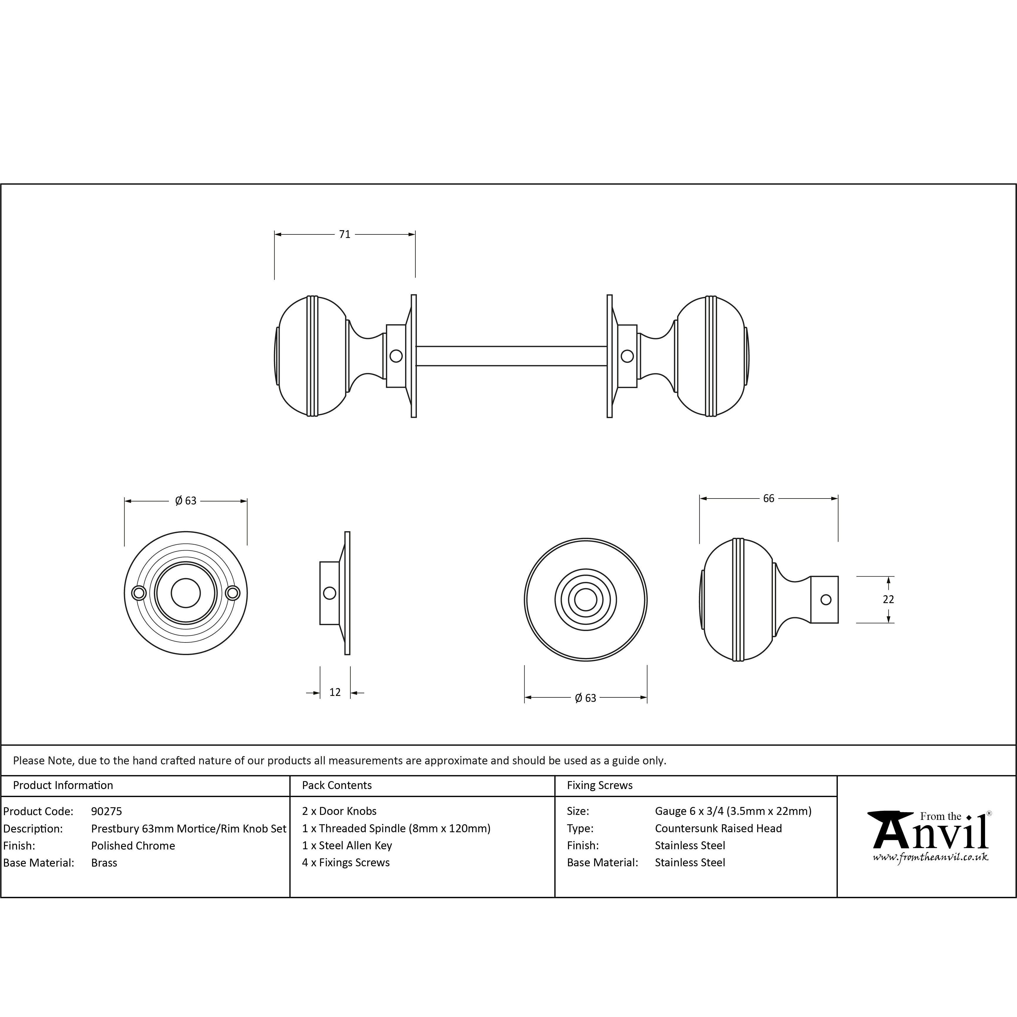Polished Chrome 63mm Prestbury Mortice/Rim Knob Set | From The Anvil-Mortice Knobs-Yester Home
