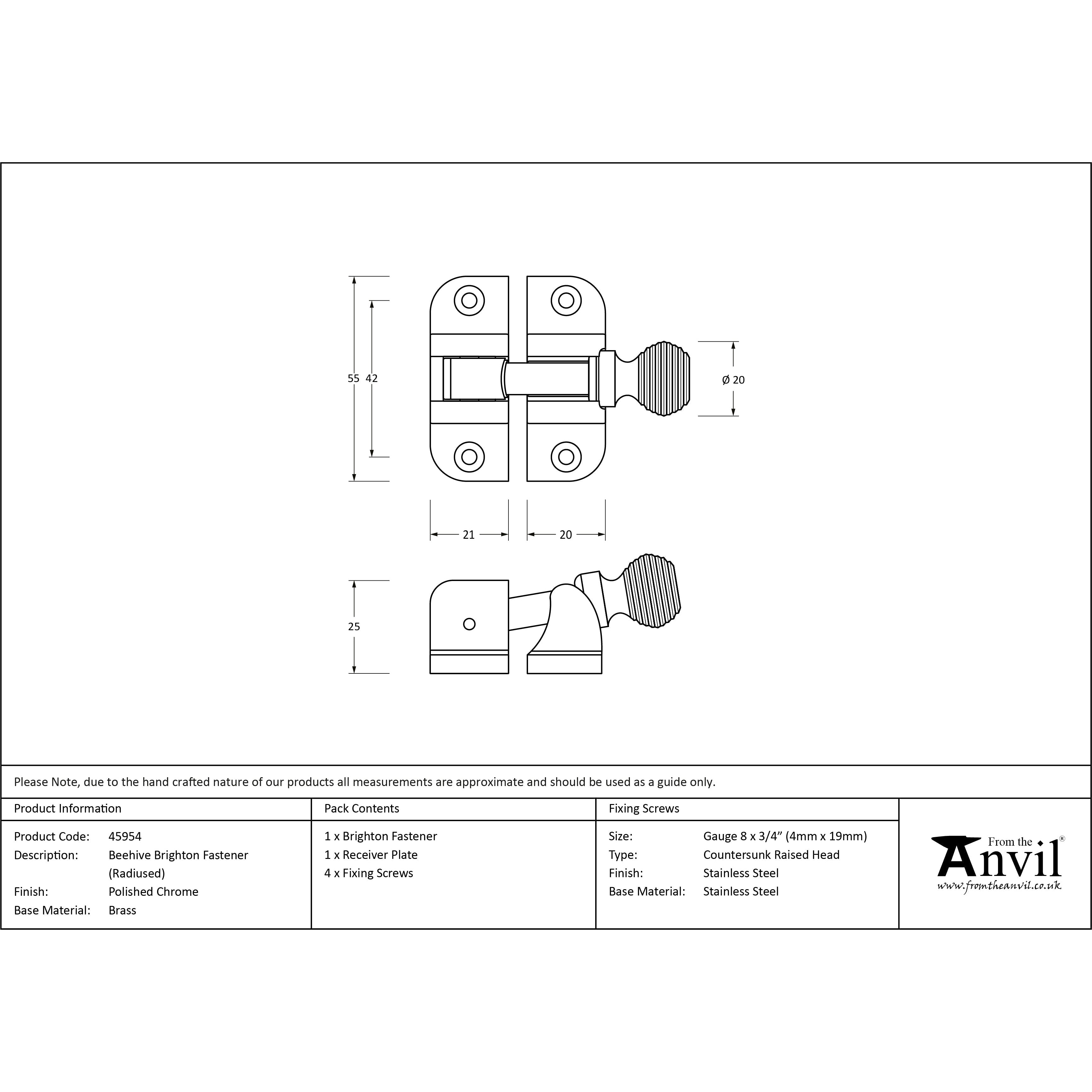 Polished Chrome Beehive Brighton Fastener (Radiused) | From The Anvil-Fasteners-Yester Home