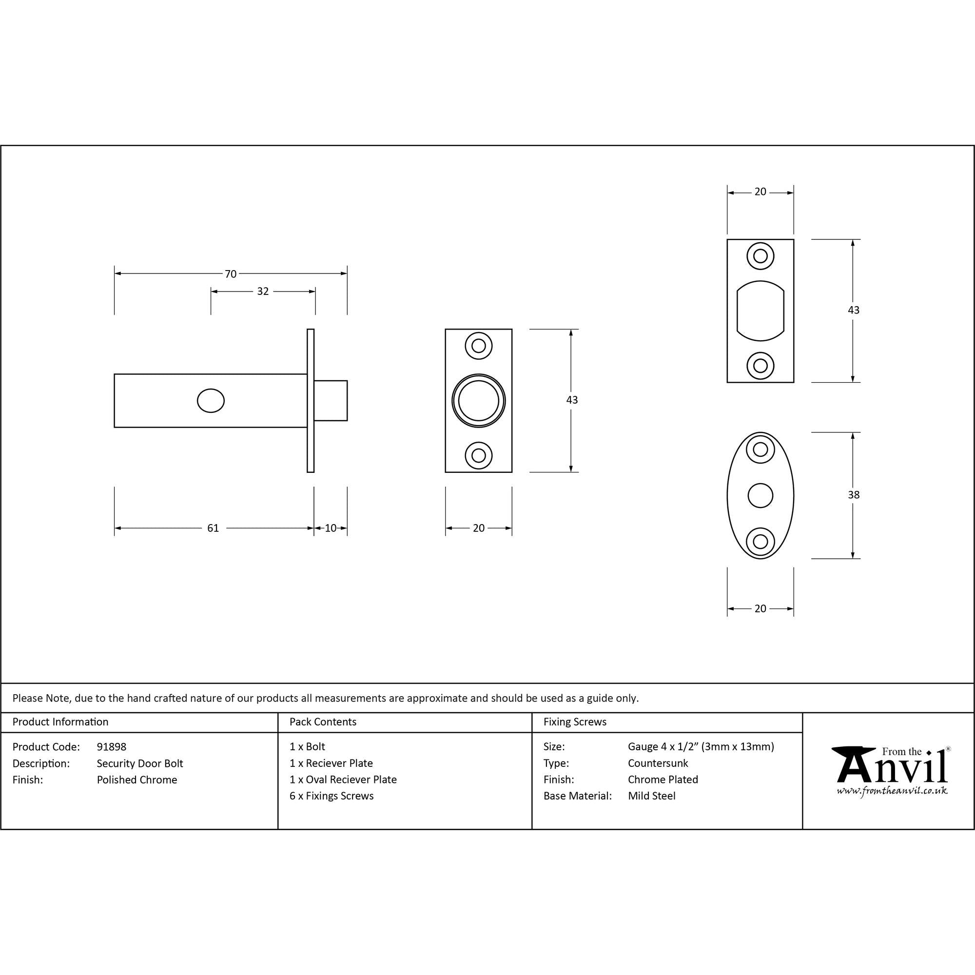 Polished Chrome Security Door Bolt | From The Anvil - Bolts - From The Anvil - Yester Home