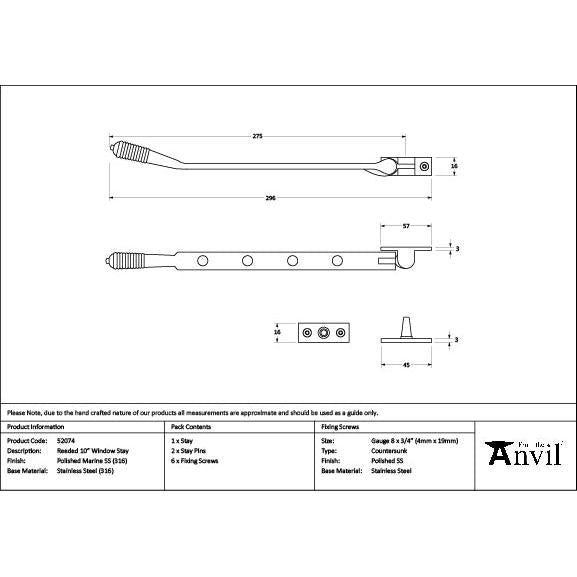 Polished Marine SS (316) 10" Reeded Stay - Stays - From The Anvil - Yester Home