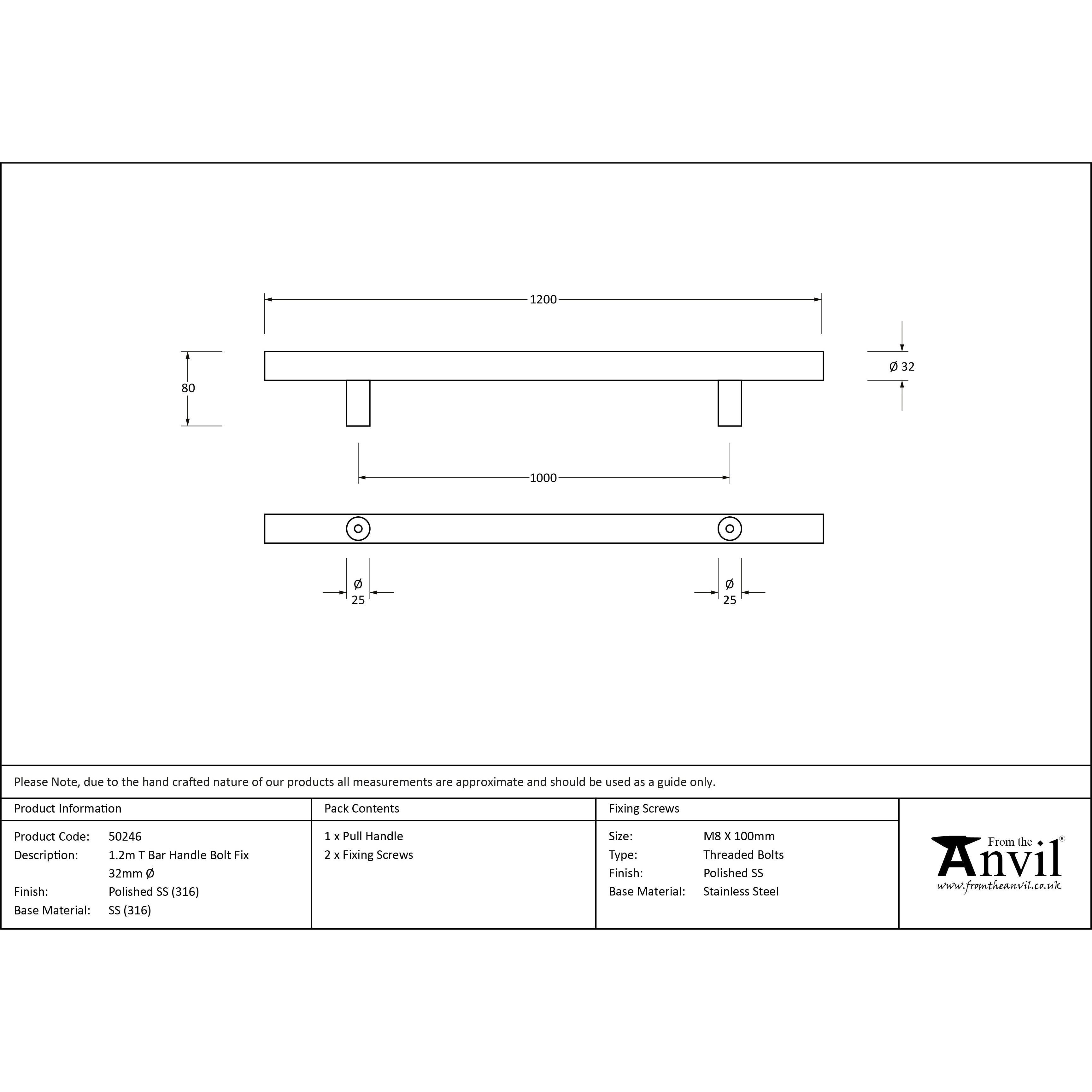 Polished Marine SS (316) 1.2m T Bar Handle Bolt Fix 32mm Ø | From The Anvil-Pull Handles-Yester Home