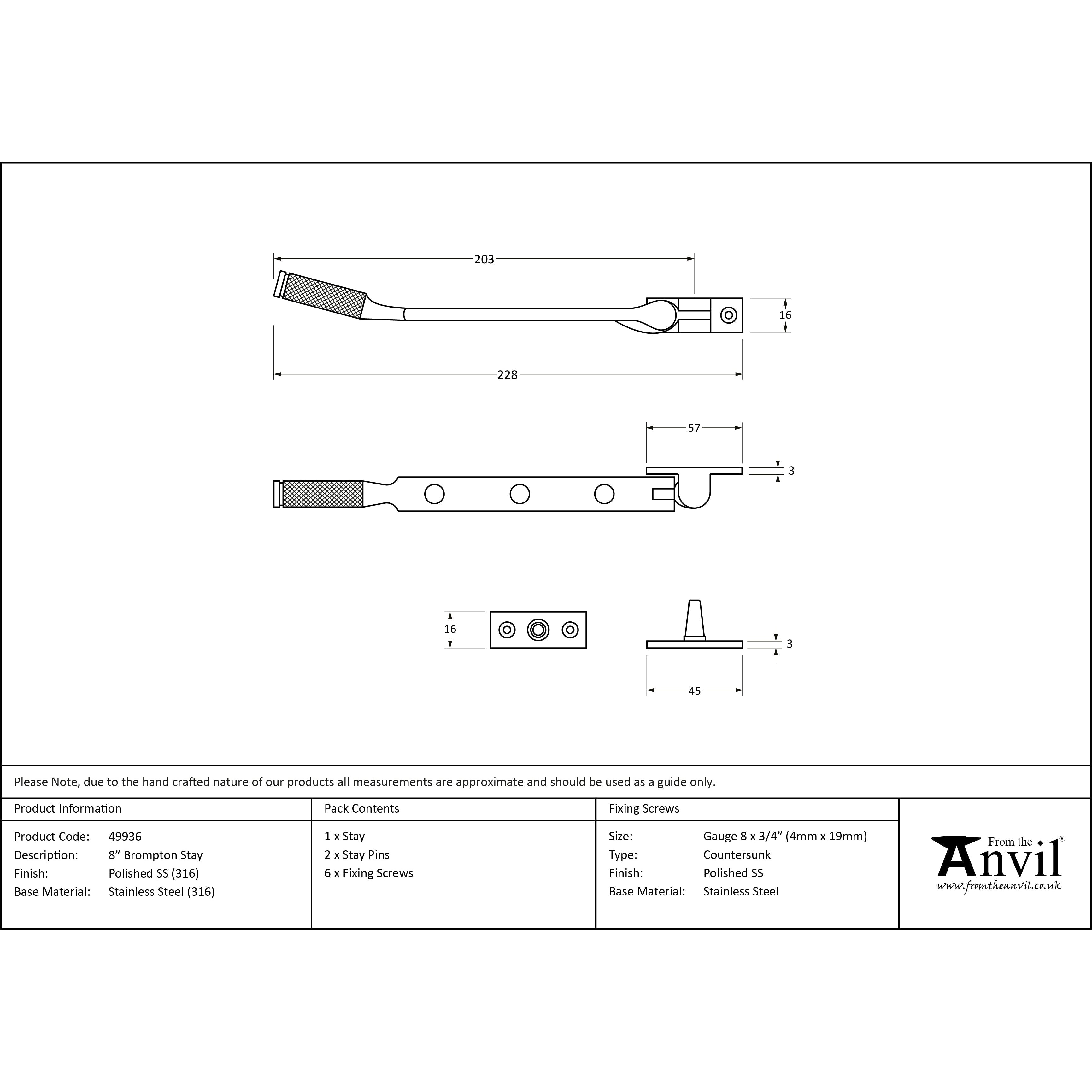 Polished Marine SS (316) 8" Brompton Stay | From The Anvil-Stays-Yester Home