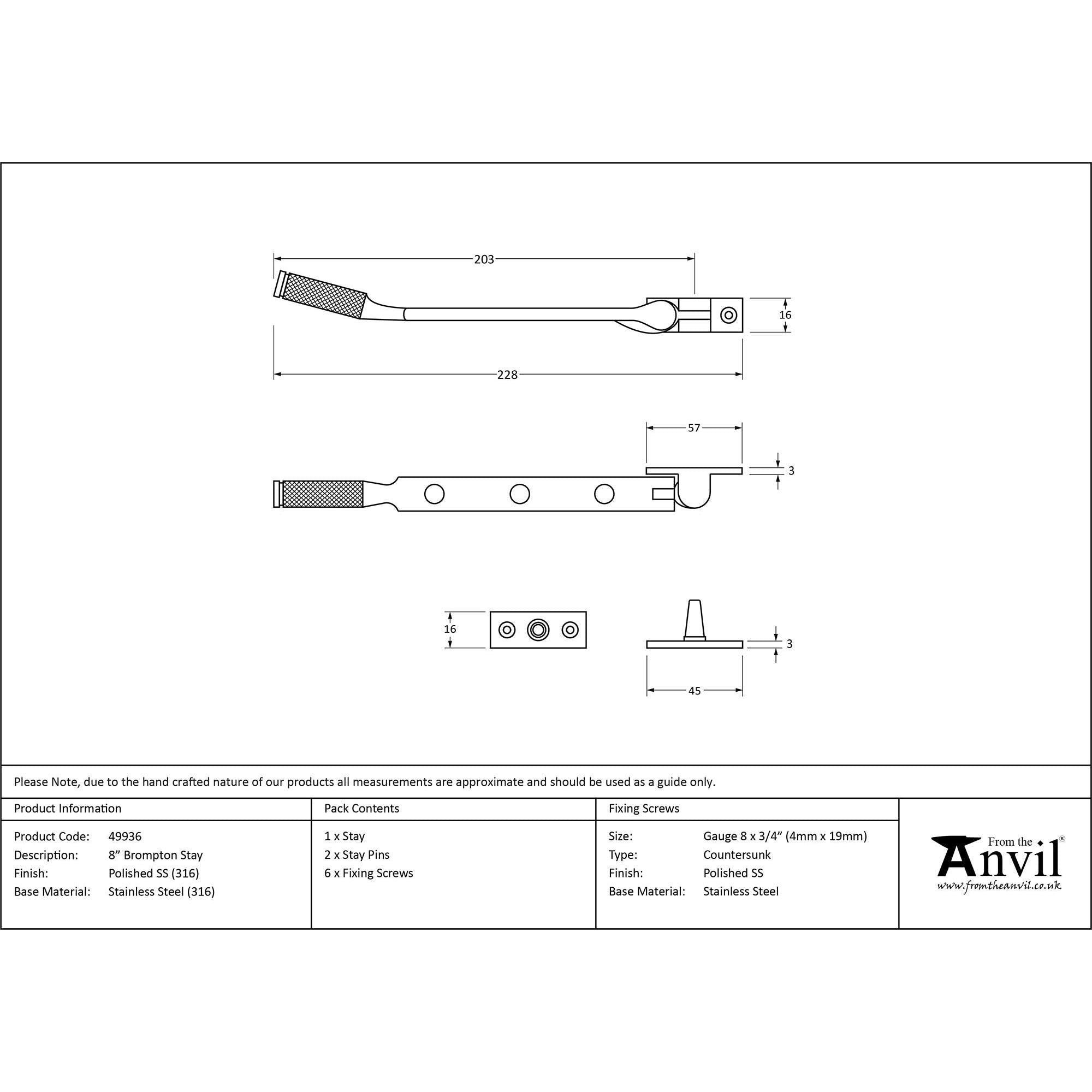 Polished Marine SS (316) 8" Brompton Stay | From The Anvil - Stays - From The Anvil - Yester Home