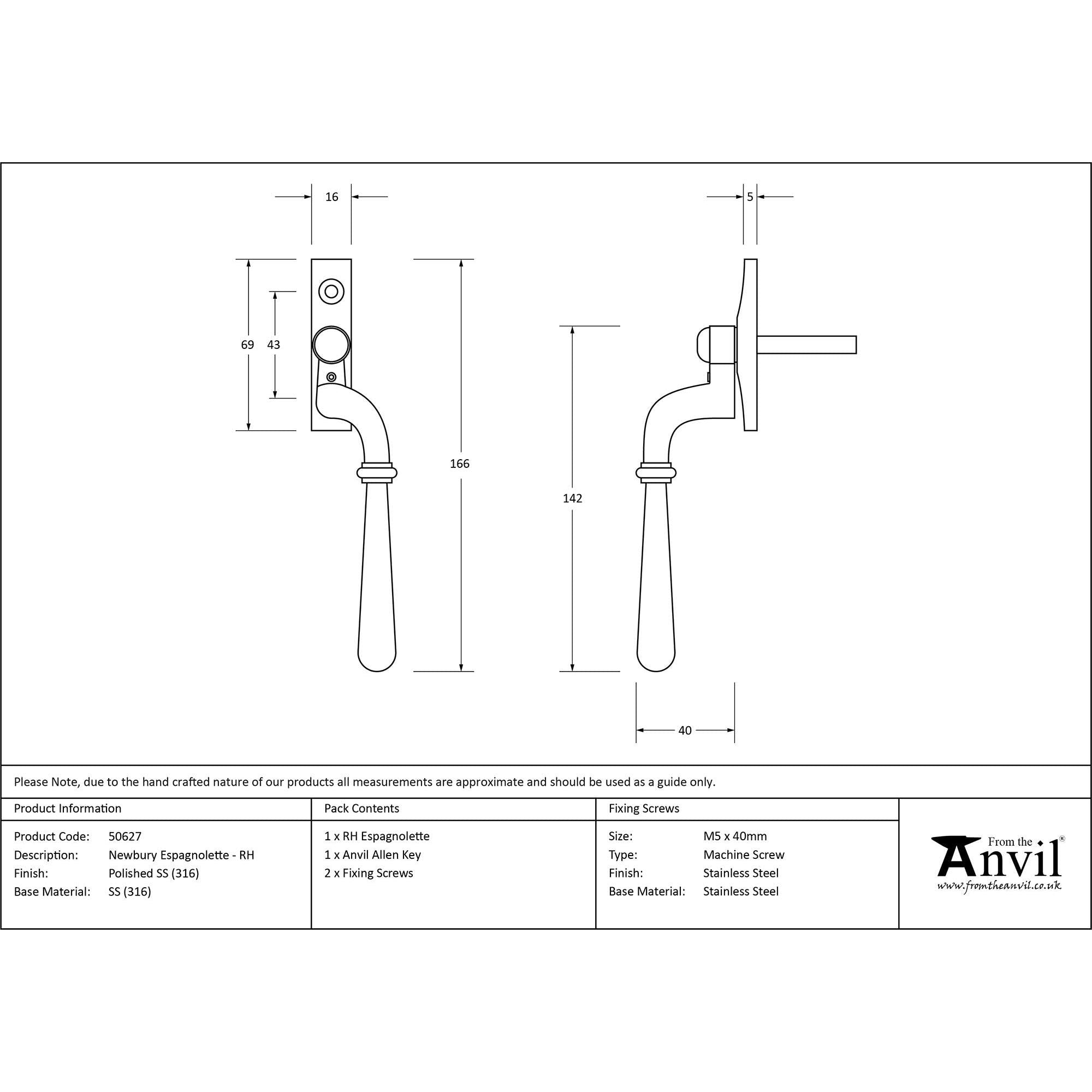 Polished Marine SS (316) Newbury Espag - RH | From The Anvil - Espag. Fasteners - From The Anvil - Yester Home