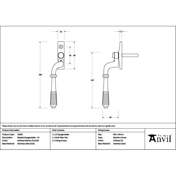 Polished Marine SS (316) Reeded Espag - LH - Espag. Fasteners - From The Anvil - Yester Home
