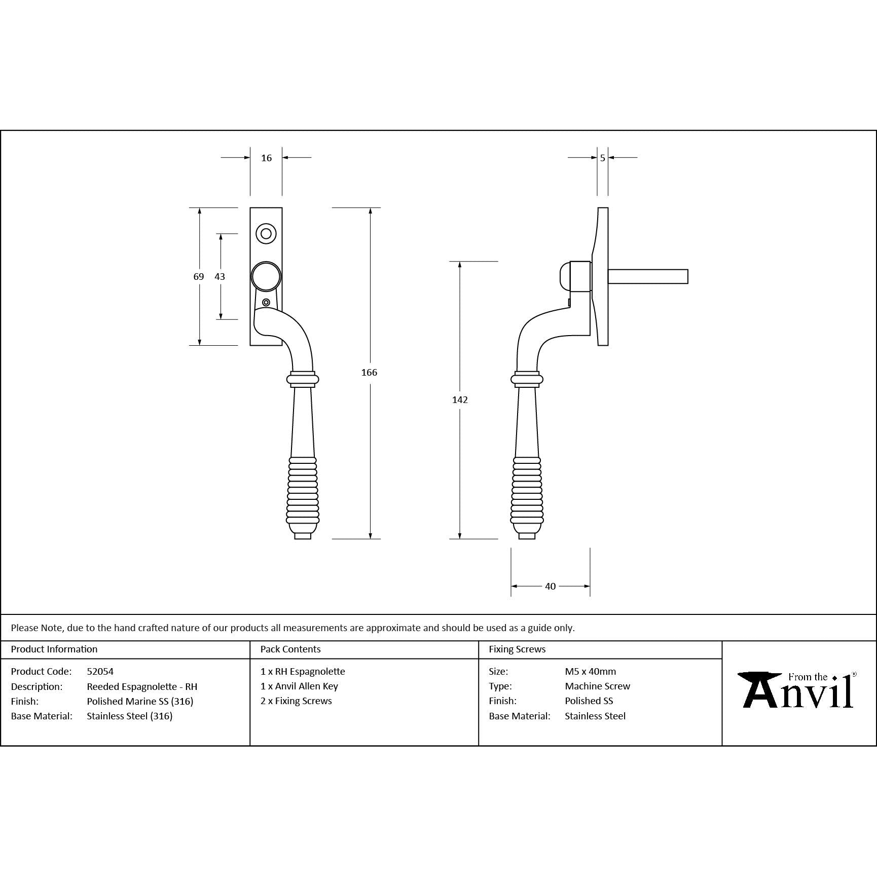 Polished Marine SS (316) Reeded Espag - RH - Espag. Fasteners - From The Anvil - Yester Home