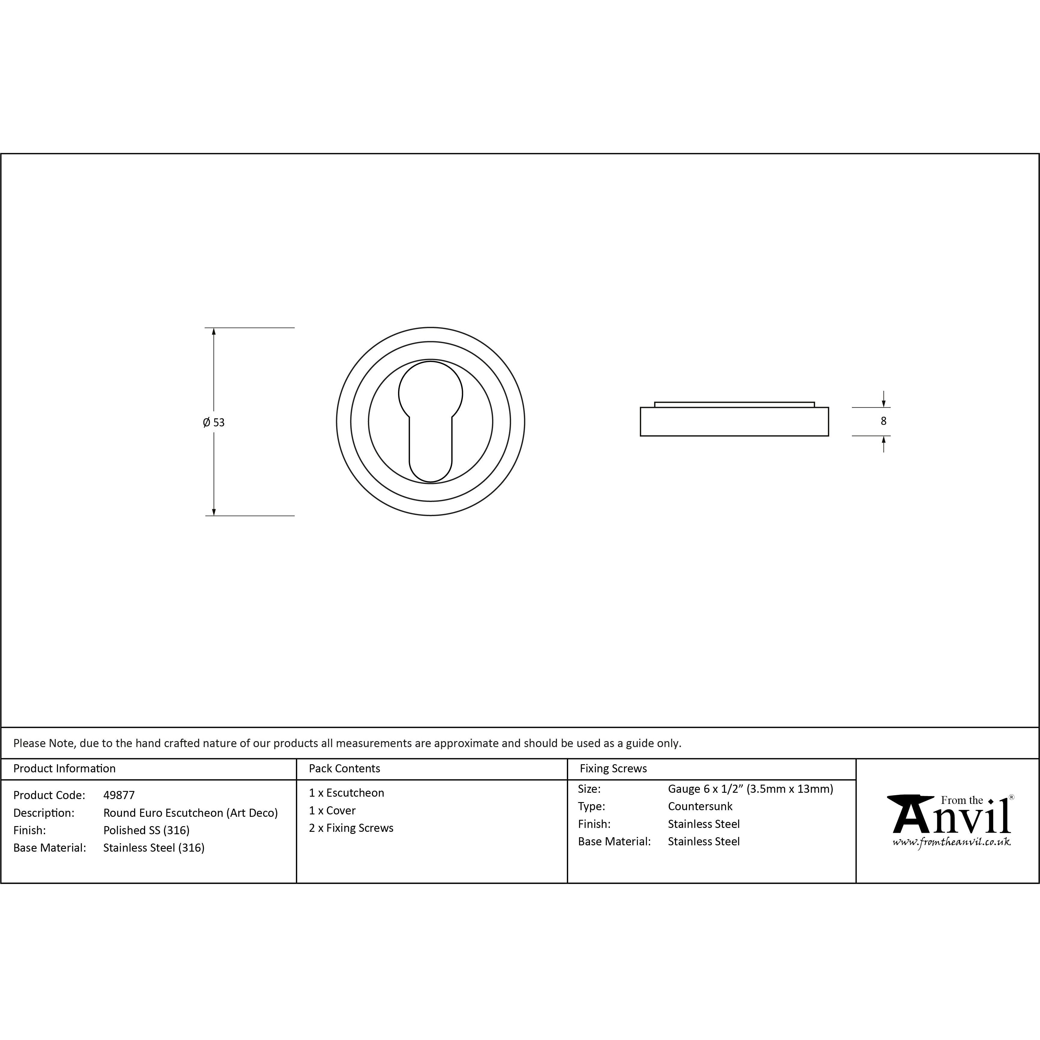 Polished Marine SS (316) Round Euro Escutcheon (Art Deco) | From The Anvil-Euro Escutcheons-Yester Home