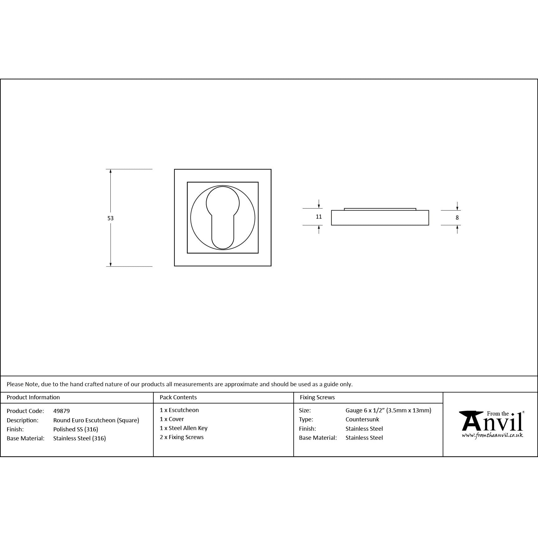 Polished Marine SS (316) Round Euro Escutcheon (Square) | From The Anvil - Euro Escutcheons - From The Anvil - Yester Home